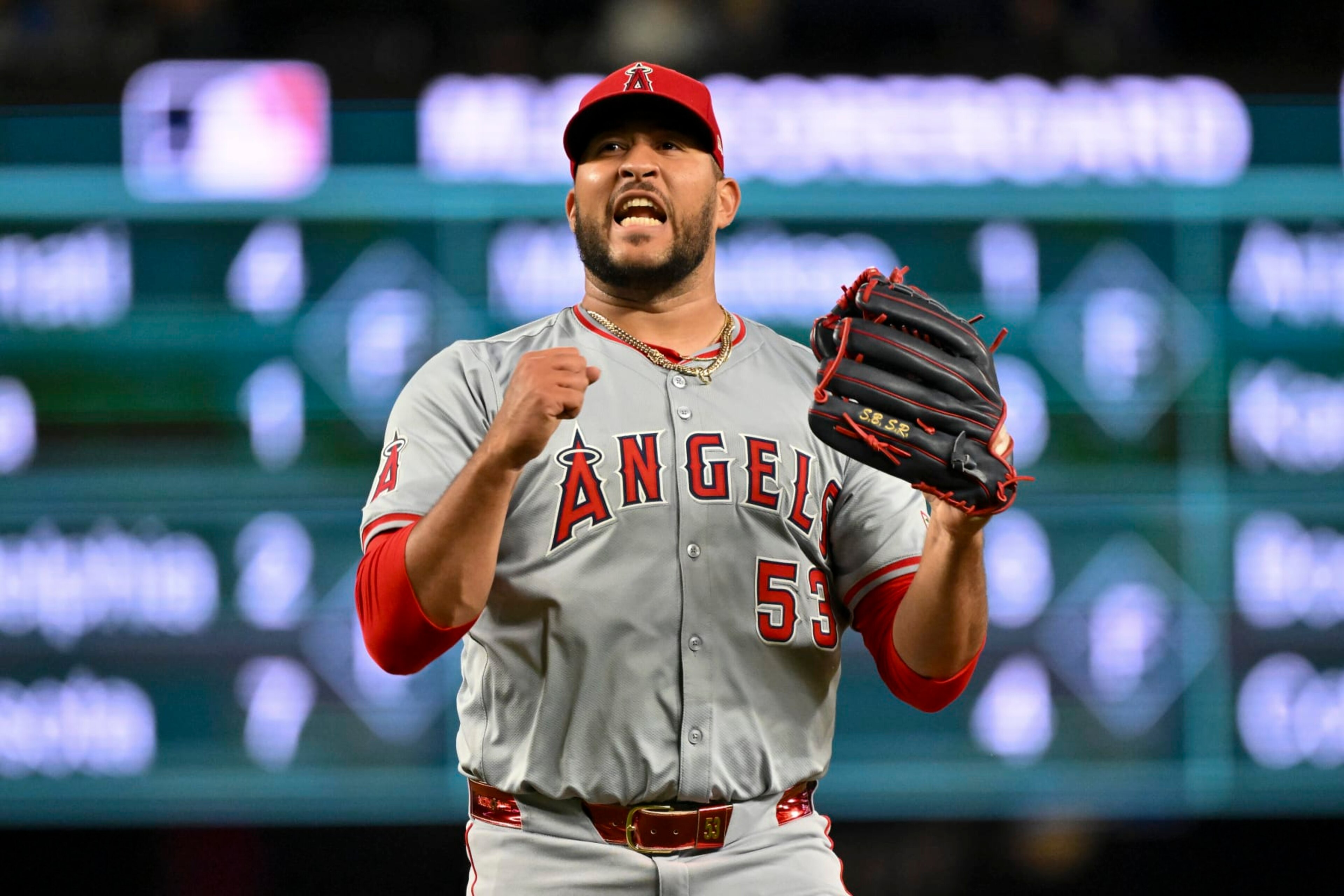 SEATTLE, WASHINGTON - JULY 22: Carlos Estévez #53 of the Los Angeles Angels reacts to throwing a stike to end the game against the Seattle Mariners at T-Mobile Park on July 22, 2024 in Seattle, Washington. The Angels won 3-1. (Photo by Alika Jenner/Getty Images)
