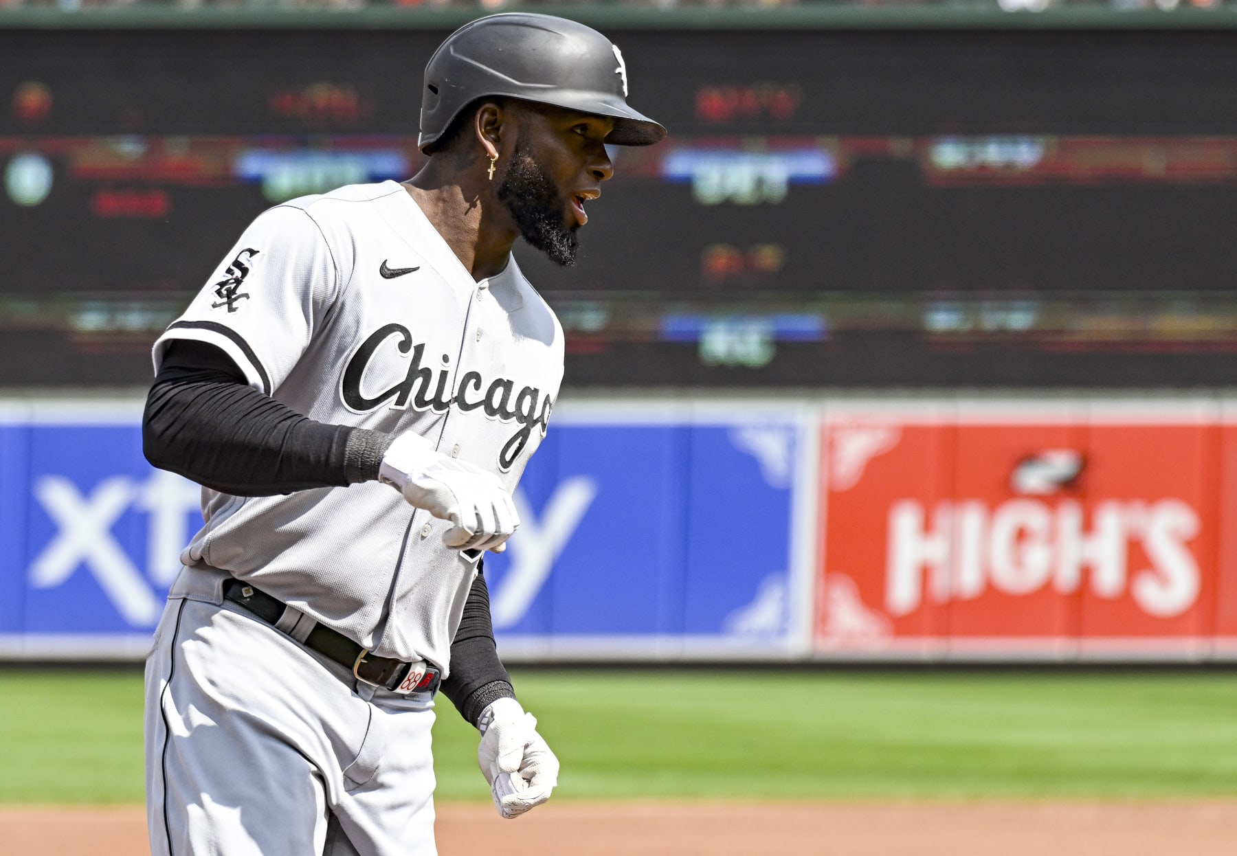 BALTIMORE, MD - August 30: Chicago White Sox designated hitter Eloy Jimenez (74) rounds the bases after his home run during the Chicago White Sox versus the Baltimore Orioles on August 30, 2023 at Oriole Park at Camden Yards in Baltimore, MD.  (Photo by Mark Goldman/Icon Sportswire via Getty Images)