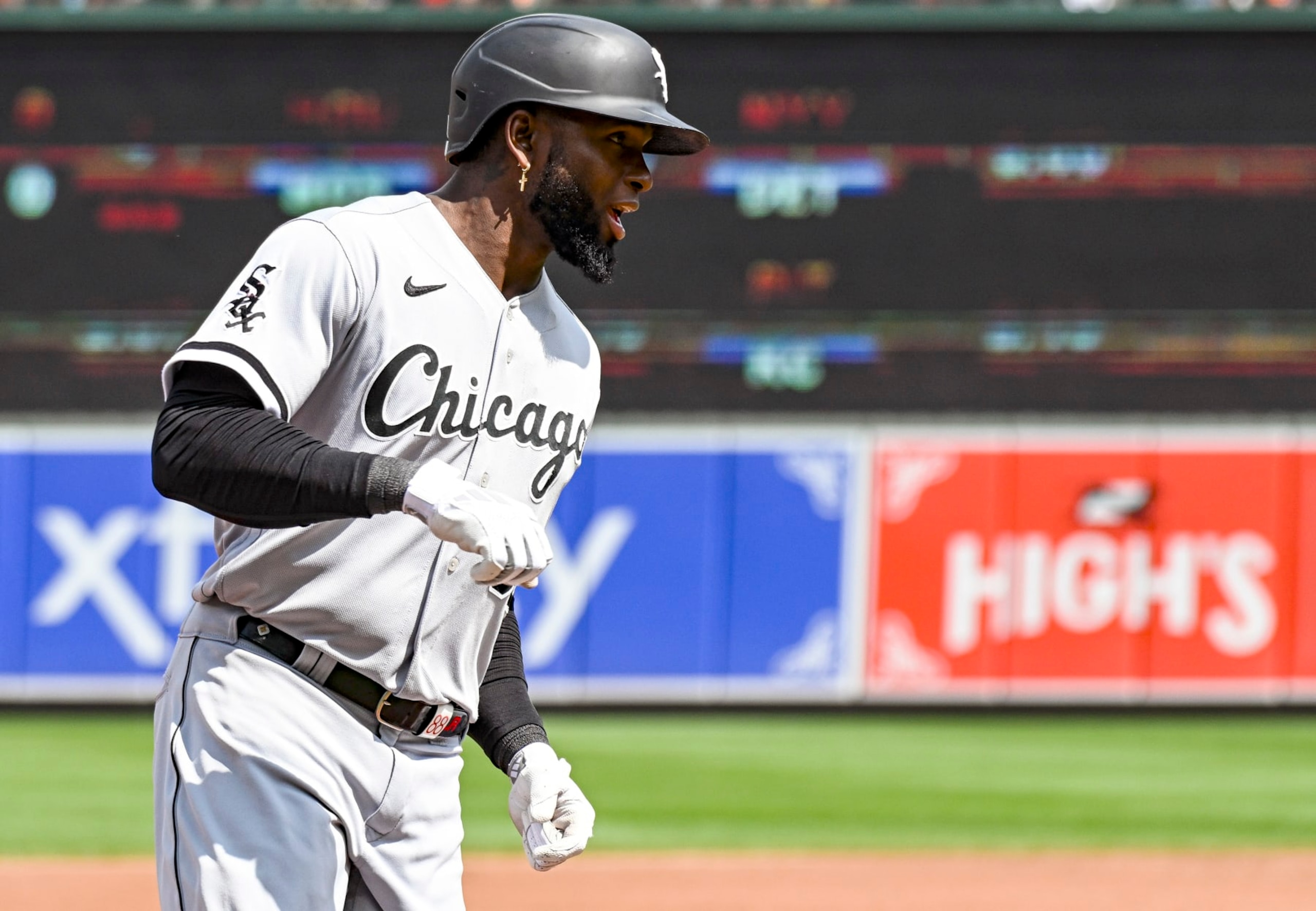 BALTIMORE, MD - August 30: Chicago White Sox designated hitter Eloy Jimenez (74) rounds the bases after his home run during the Chicago White Sox versus the Baltimore Orioles on August 30, 2023 at Oriole Park at Camden Yards in Baltimore, MD.  (Photo by Mark Goldman/Icon Sportswire via Getty Images)