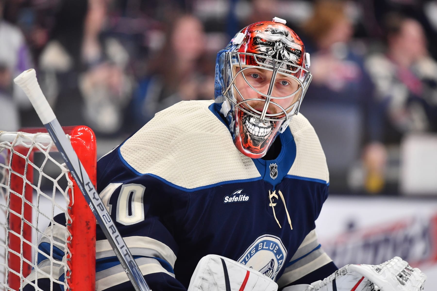 COLUMBUS, OHIO - APRIL 4: Goaltender Daniil Tarasov #40 of the Columbus Blue Jackets warms up prior to a game against the New York Islanders at Nationwide Arena on April 4, 2024 in Columbus, Ohio. (Photo by Ben Jackson/NHLI via Getty Images)