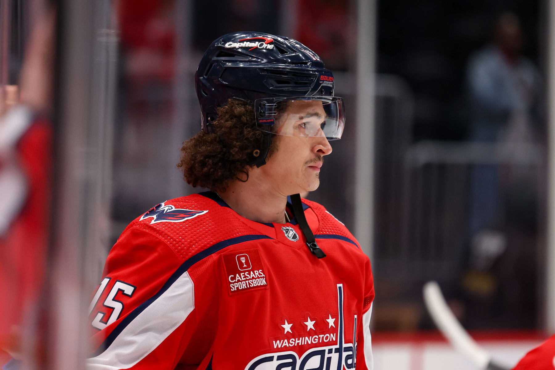 WASHINGTON, DC - APRIL 15: Sonny Milano #15 of the Washington Capitals skates during warmups before a game  against the Boston Bruins at Capital One Arena on April 15, 2024 in Washington, D.C. (Photo by John McCreary/NHLI via Getty Images)