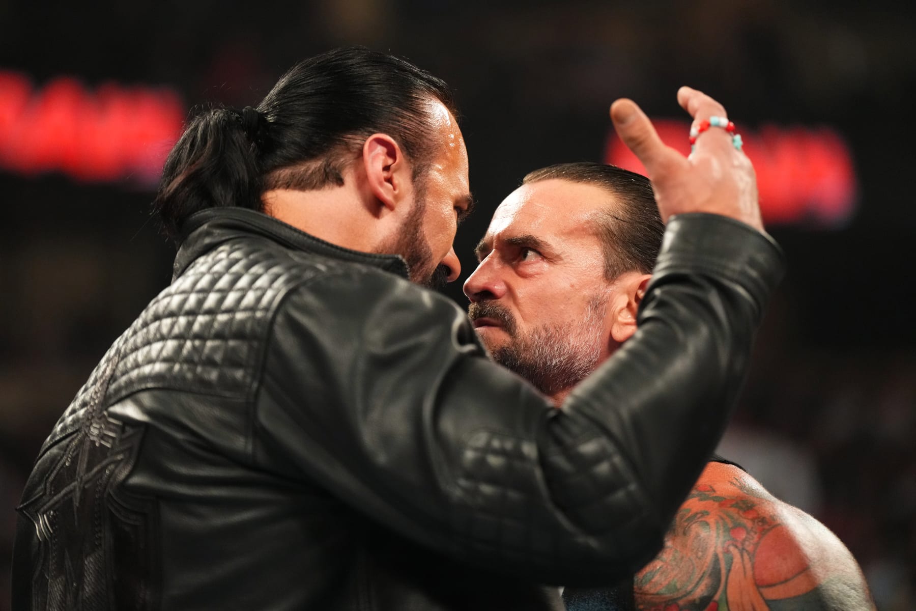 ST PAUL, MINNESOTA - JULY 29: (L-R) Drew McIntyre faces off in the ring with CM Punk during WWE's Monday Night RAW at Xcel Energy Center on July 29, 2024 in St Paul, Minnesota. (Photo by WWE/Getty Images)