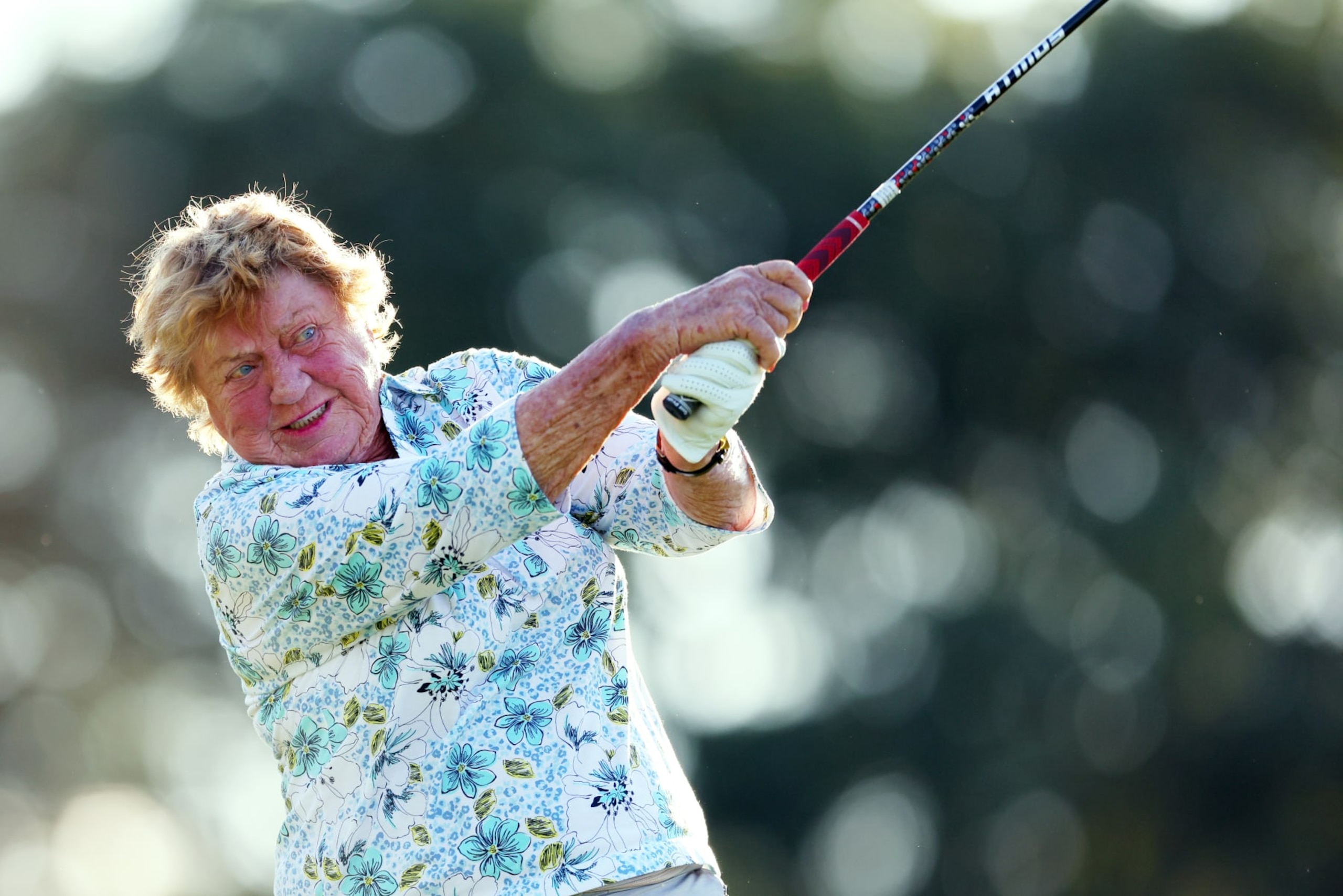 FAIRFIELD, CT - JULY 30: JoAnne Carner of the United States hits her tee shot on the 12th hole during the second round of the U.S. Senior Women's Open Championship on July 30, 2021 in Fairfield, Connecticut. (Photo by Rich Schultz/Getty Images)