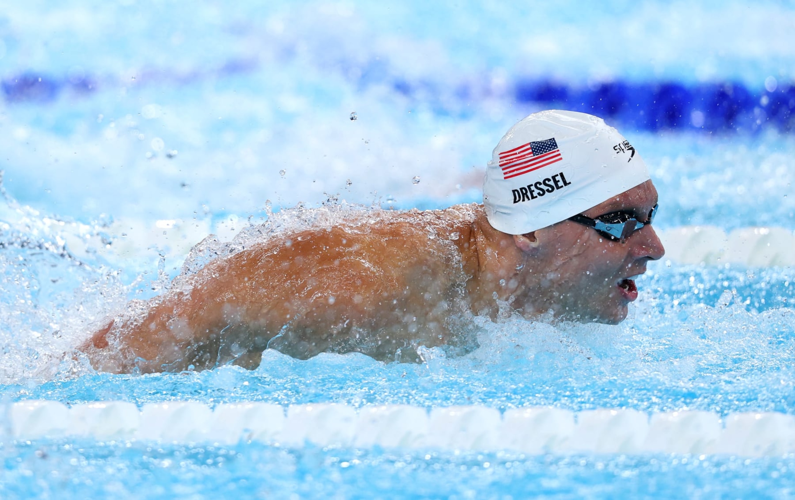 NANTERRE, FRANCE - AUGUST 02: Caeleb Dressel of Team United States competes in the Men's 100m Butterfly Heats on day seven of the Olympic Games Paris 2024 at Paris La Defense Arena on August 02, 2024 in Nanterre, France. (Photo by Maddie Meyer/Getty Images)