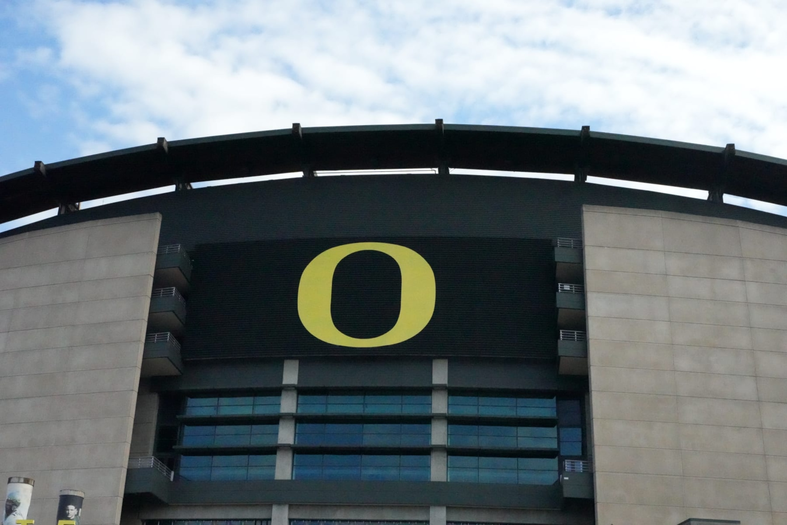 EUGENE, OREGON - MAY 24: The Oregon Ducks logo the Autzen Stadium facade on the campus of the University of Oregon on May 23, 2024 in Eugene, Oregon (Photo by Kirby Lee/Getty Images)