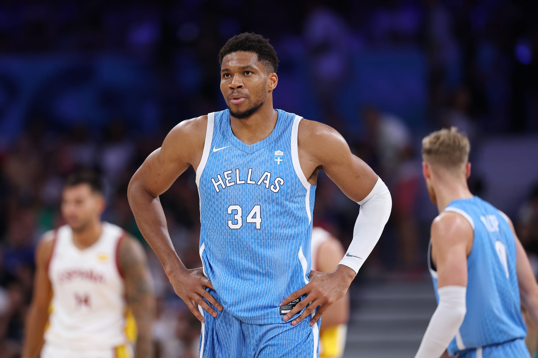 LILLE, FRANCE - JULY 30: Giannis Antetokounmpo #34 of Team Greece looks on during the Men's Group Phase - Group A match between Team Spain and Team Greece on day four of the Olympic Games Paris 2024 at Stade Pierre Mauroy on July 30, 2024 in Lille, France. (Photo by Gregory Shamus/Getty Images)