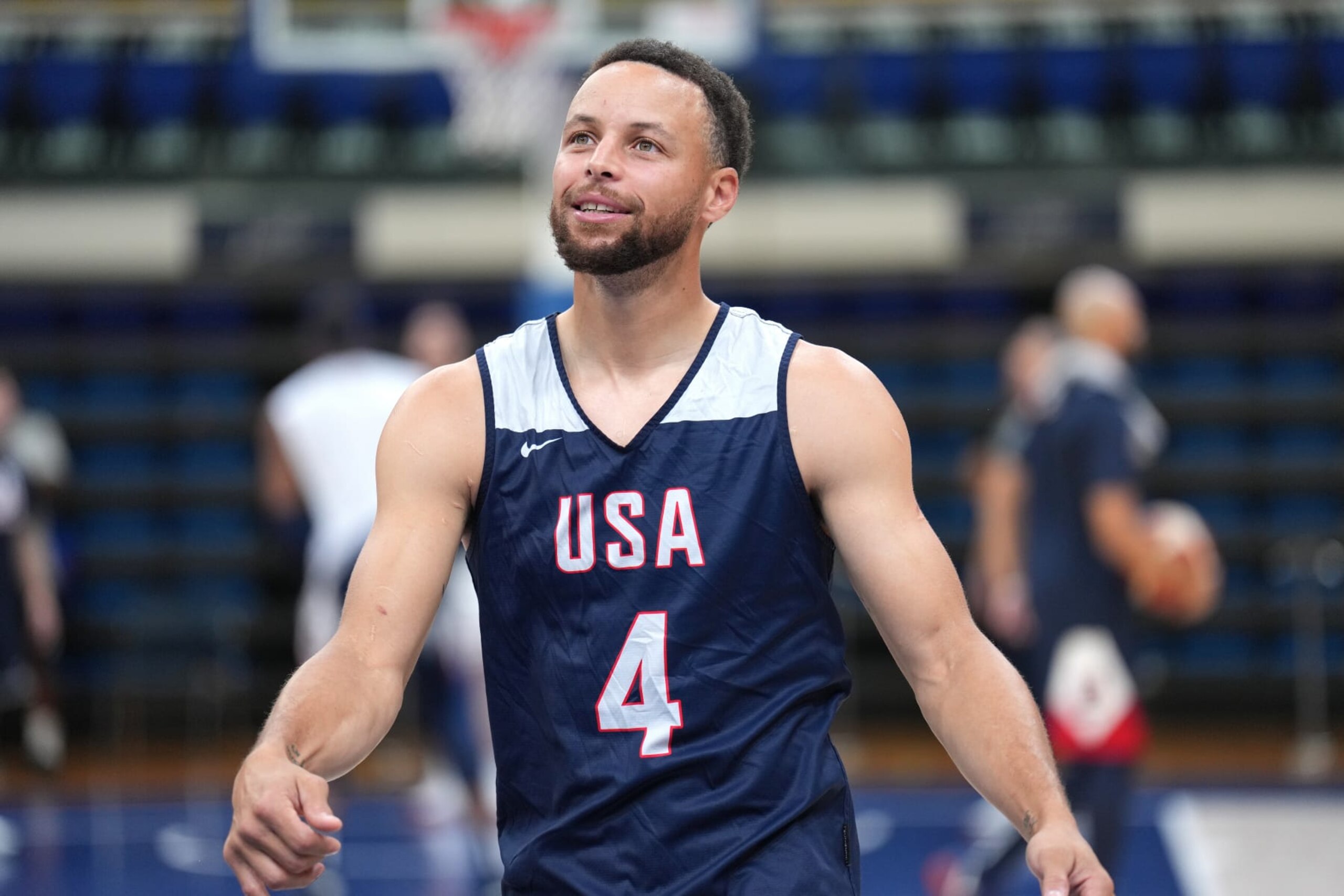 LILLE, FRANCE - AUGUST 2: Stephen Curry #4 of Team USA smiles during the USA Men's National Team practice on August 2, 2024 at Palais des Sports Marcel-Cerdan in Paris, France. NOTE TO USER: User expressly acknowledges and agrees that, by downloading and/or using this photograph, user is consenting to the terms and conditions of the Getty Images License Agreement. Mandatory Copyright Notice: Copyright 2024 NBAE (Photo by Jesse D. Garrabrant/NBAE via Getty Images) LILLE, FRANCE - AUGUST 2: Stephen Curry #4 of Team USA smiles during the USA Men's National Team practice on August 2, 2024 at Palais des Sports Marcel-Cerdan in Paris, France. NOTE TO USER: User expressly acknowledges and agrees that, by downloading and/or using this photograph, user is consenting to the terms and conditions of the Getty Images License Agreement. Mandatory Copyright Notice: Copyright 2024 NBAE (Photo by Jesse D. Garrabrant/NBAE via Getty Images)