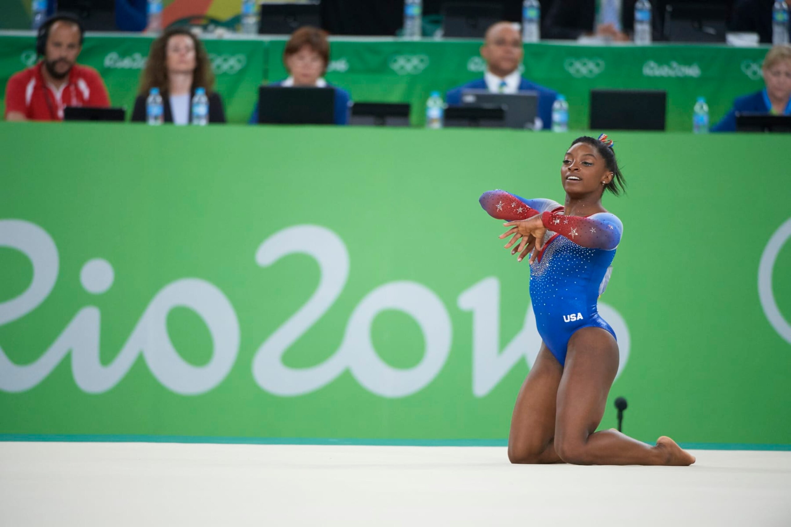Gymnastics: 2016 Summer Olympics: USA Simone Biles in action during Women's Floor Exercise Final at Rio Olympic Arena. Biles wins gold. 
Rio de Janeiro, Brazil 8/16/2016
CREDIT: Robert Beck (Photo by Robert Beck /Sports Illustrated via Getty Images)
(Set Number: SI33 TK1 )
