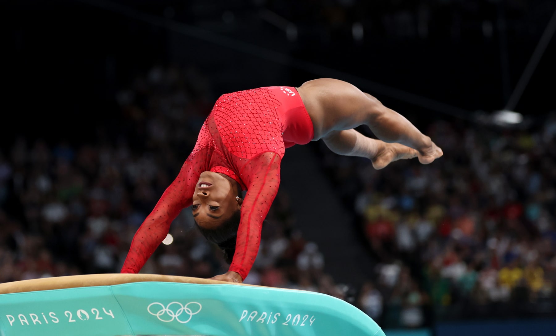PARIS, FRANCE - AUGUST 03: Simone Biles of Team United States in action during the Artistic Gymnastics Women's Vault Final on day eight of the Olympic Games Paris 2024 at Bercy Arena on August 03, 2024 in Paris, France. (Photo by Julian Finney/Getty Images)