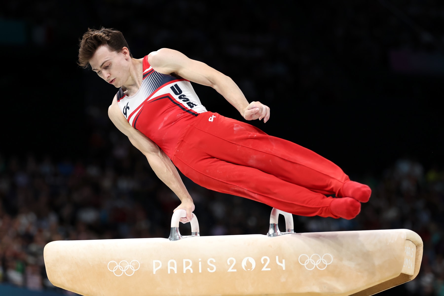 PARIS, FRANCE - AUGUST 03: Stephen Nedoroscik of Team United States competes during the Artistic Gymnastics Men's Pommel Horse Final on day eight of the Olympic Games Paris 2024 at Bercy Arena on August 03, 2024 in Paris, France. (Photo by Julian Finney/Getty Images)