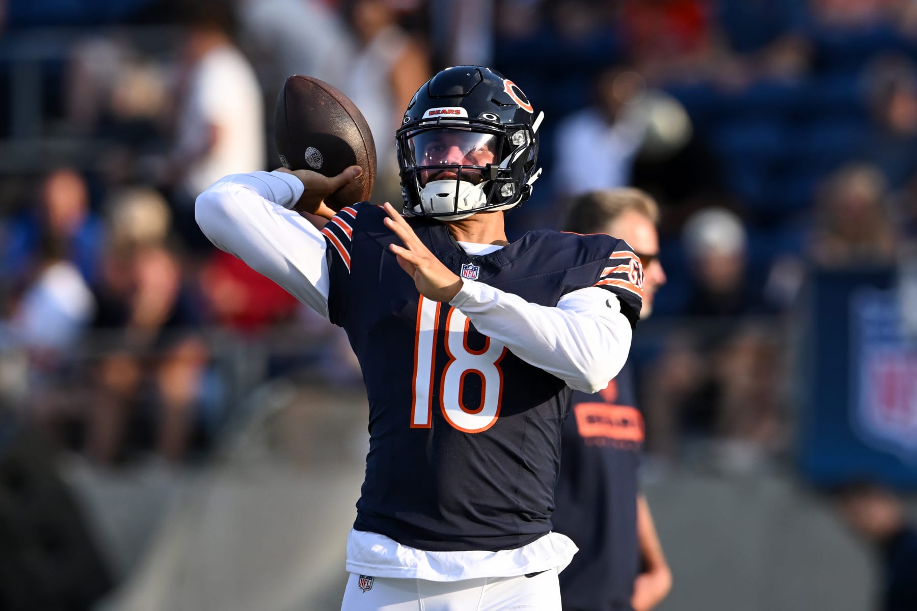 CANTON, OHIO - AUGUST 01: Caleb Williams #18 of the Chicago Bears warms up prior to the 2024 Pro Football Hall of Fame Game against the Houston Texans at Tom Benson Hall Of Fame Stadium on August 01, 2024 in Canton, Ohio. (Photo by Nick Cammett/Getty Images)