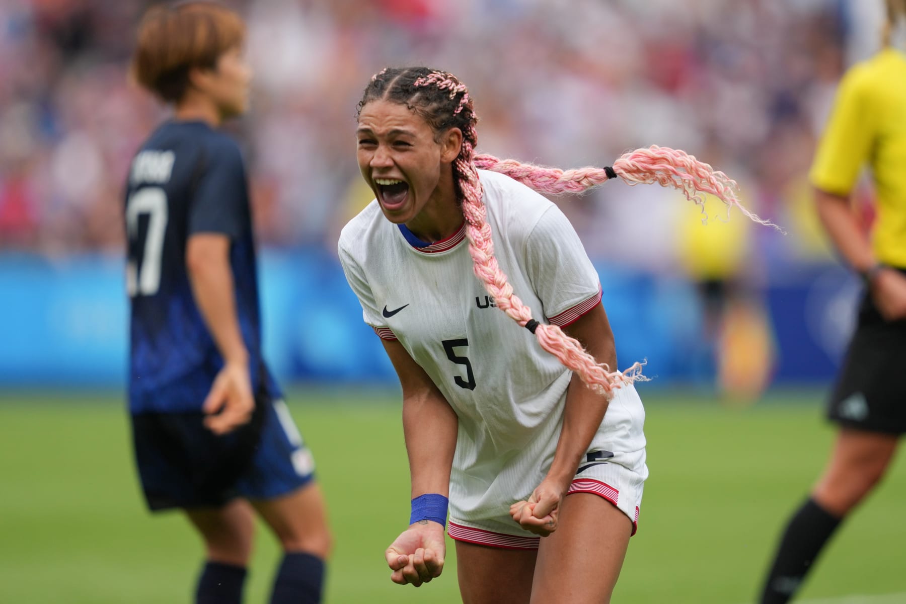 PARIS, FRANCE - AUGUST 03: Trinity Rodman #5 of the United States celebrates scoring during extra time against Japan during the Women's Quarterfinal match during the Olympic Games Paris 2024 at Parc des Princes on August 03, 2024 in Paris, France. (Photo by Brad Smith/ISI/Getty Images)