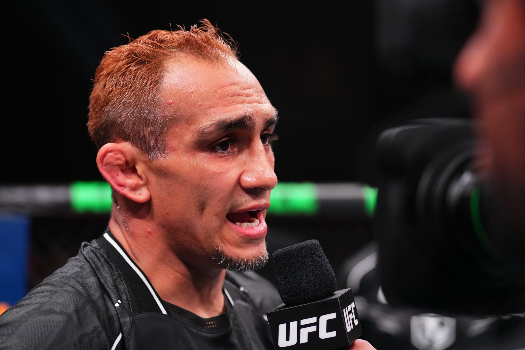 ABU DHABI, UNITED ARAB EMIRATES - AUGUST 03: Tony Ferguson is interviewed after being submitted by Michael Chiesa in a welterweight fight during the UFC Fight Night event at Etihad Arena on August 03, 2024 in Abu Dhabi, United Arab Emirates. (Photo by Josh Hedges/Zuffa LLC via Getty Images)
