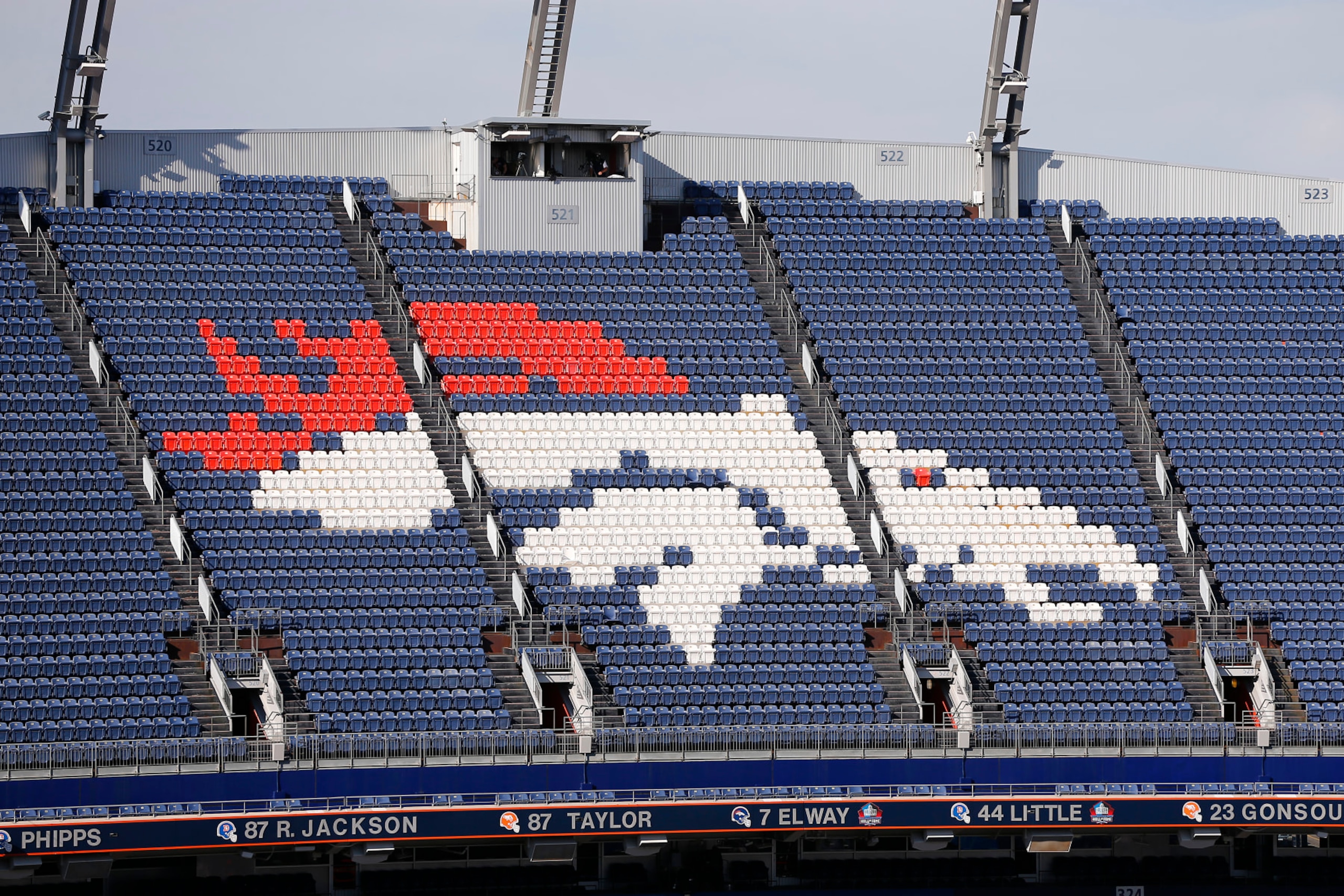 DENVER, CO - OCTOBER 06: A general stadium view of the Denver Broncos logo on the seats prior to an NFL game between the Indianapolis Colts and the Denver Broncos on October 06, 2022 at Empower Field at Mile High in Denver CO. (Photo by Jeffrey Brown/Icon Sportswire via Getty Images)