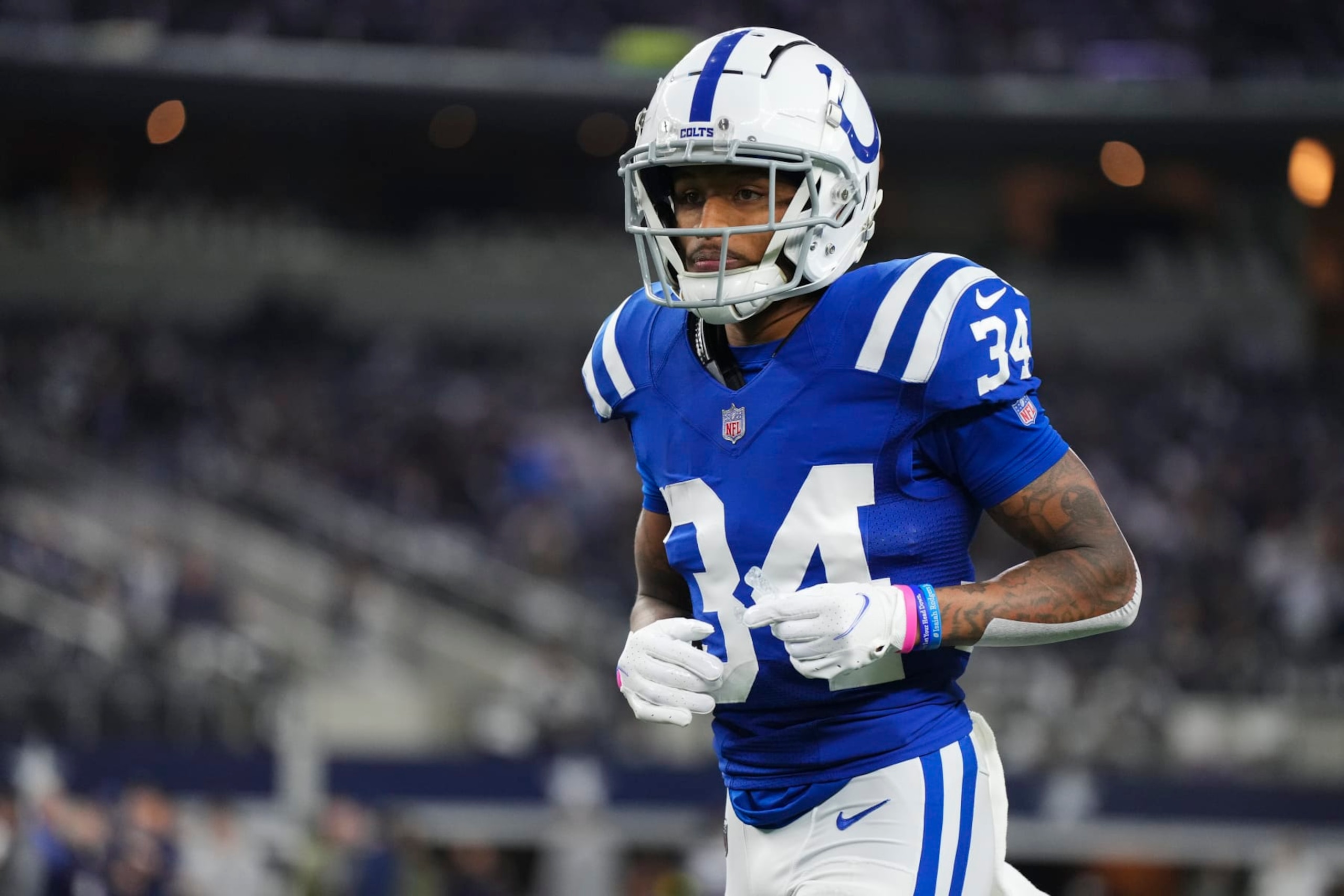 ARLINGTON, TX - DECEMBER 04: Isaiah Rodgers #34 of the Indianapolis Colts warms up against the Dallas Cowboys at AT&T Stadium on December 4, 2022 in Arlington, Texas. (Photo by Cooper Neill/Getty Images)