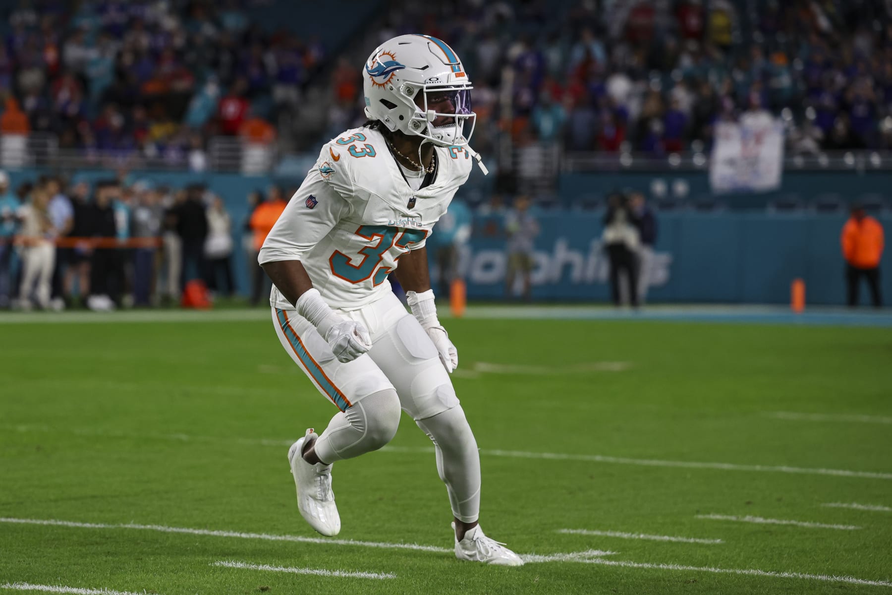 MIAMI GARDENS, FL - JANUARY 07: Eli Apple #33 of the Miami Dolphins warms up prior to an NFL football game against the Buffalo Bills at Hard Rock Stadium on January 7, 2024 in Miami Gardens, Florida. (Photo by Perry Knotts/Getty Images)