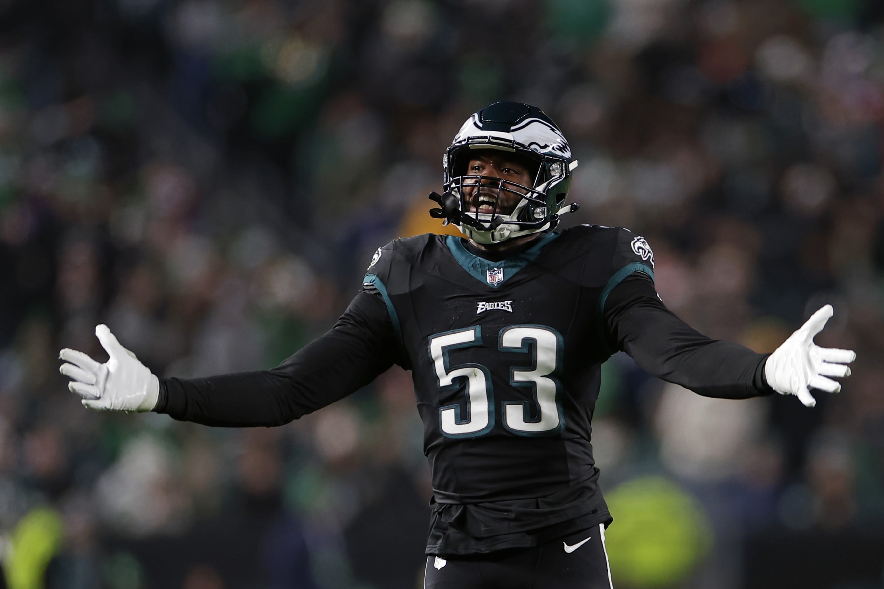PHILADELPHIA, PENNSYLVANIA - DECEMBER 25: Shaquille Leonard #53 of the Philadelphia Eagles reacts against the New York Giants at Lincoln Financial Field on December 25, 2023 in Philadelphia, Pennsylvania. (Photo by Adam Hunger/Getty Images)