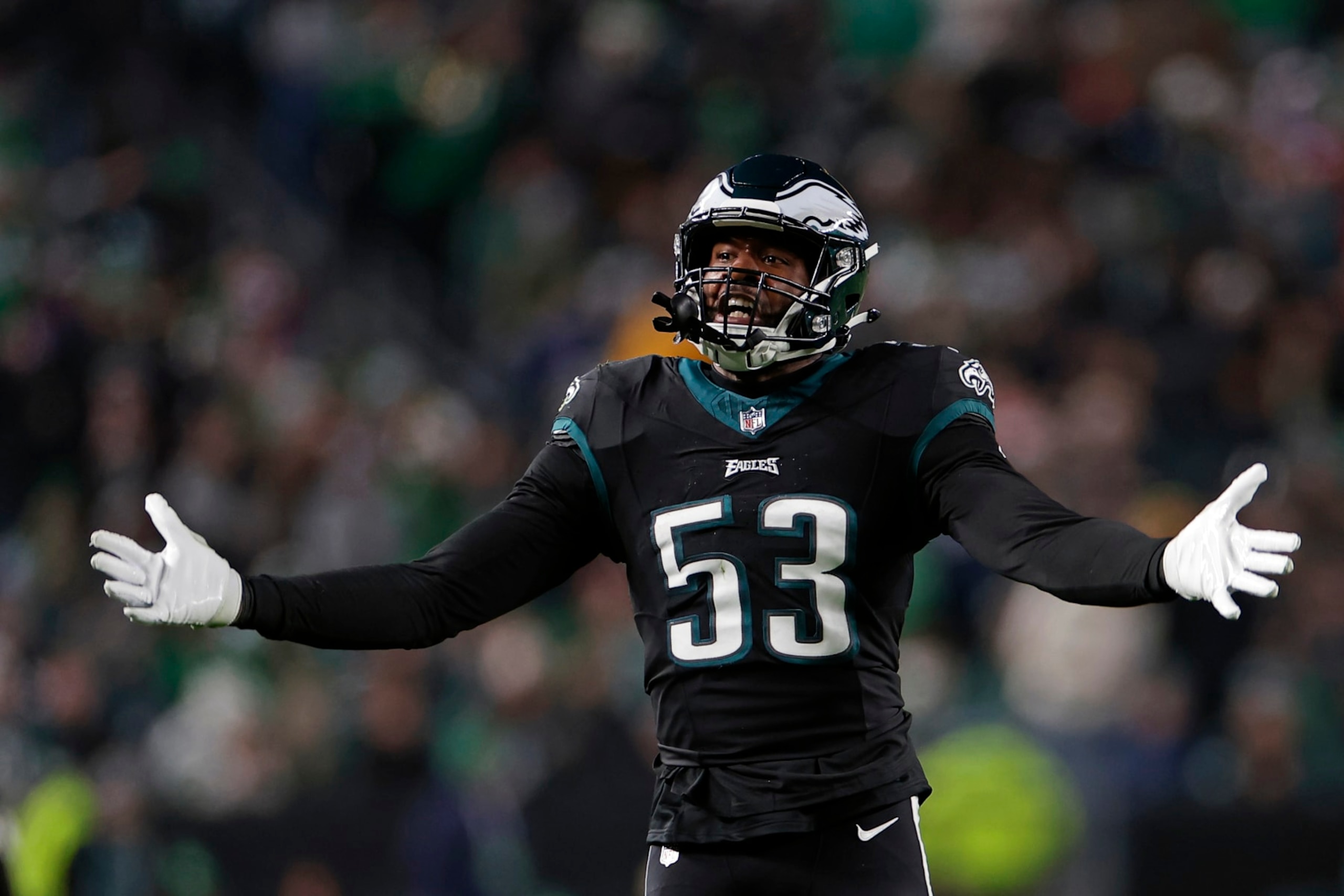 PHILADELPHIA, PENNSYLVANIA - DECEMBER 25: Shaquille Leonard #53 of the Philadelphia Eagles reacts against the New York Giants at Lincoln Financial Field on December 25, 2023 in Philadelphia, Pennsylvania. (Photo by Adam Hunger/Getty Images)