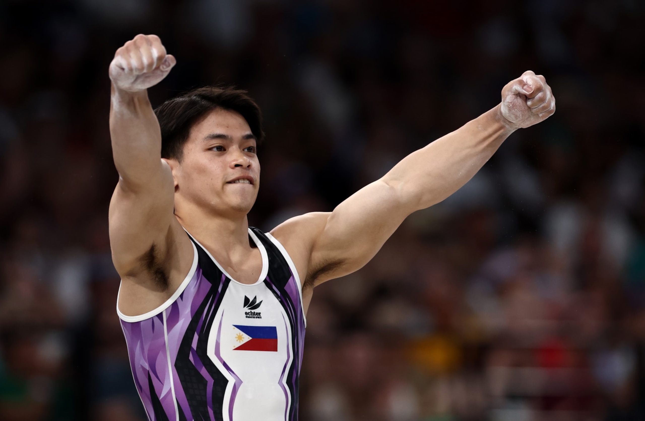 PARIS, FRANCE - AUGUST 04: Carlos Edriel Yulo of Team Philippines reacts after finishing his routine during the Artistic Gymnastics Men's Vault Final on day nine of the Olympic Games Paris 2024 at Bercy Arena on August 04, 2024 in Paris, France. (Photo by Naomi Baker/Getty Images) PARIS, FRANCE - AUGUST 04: Carlos Edriel Yulo of Team Philippines reacts after finishing his routine during the Artistic Gymnastics Men's Vault Final on day nine of the Olympic Games Paris 2024 at Bercy Arena on August 04, 2024 in Paris, France. (Photo by Naomi Baker/Getty Images)