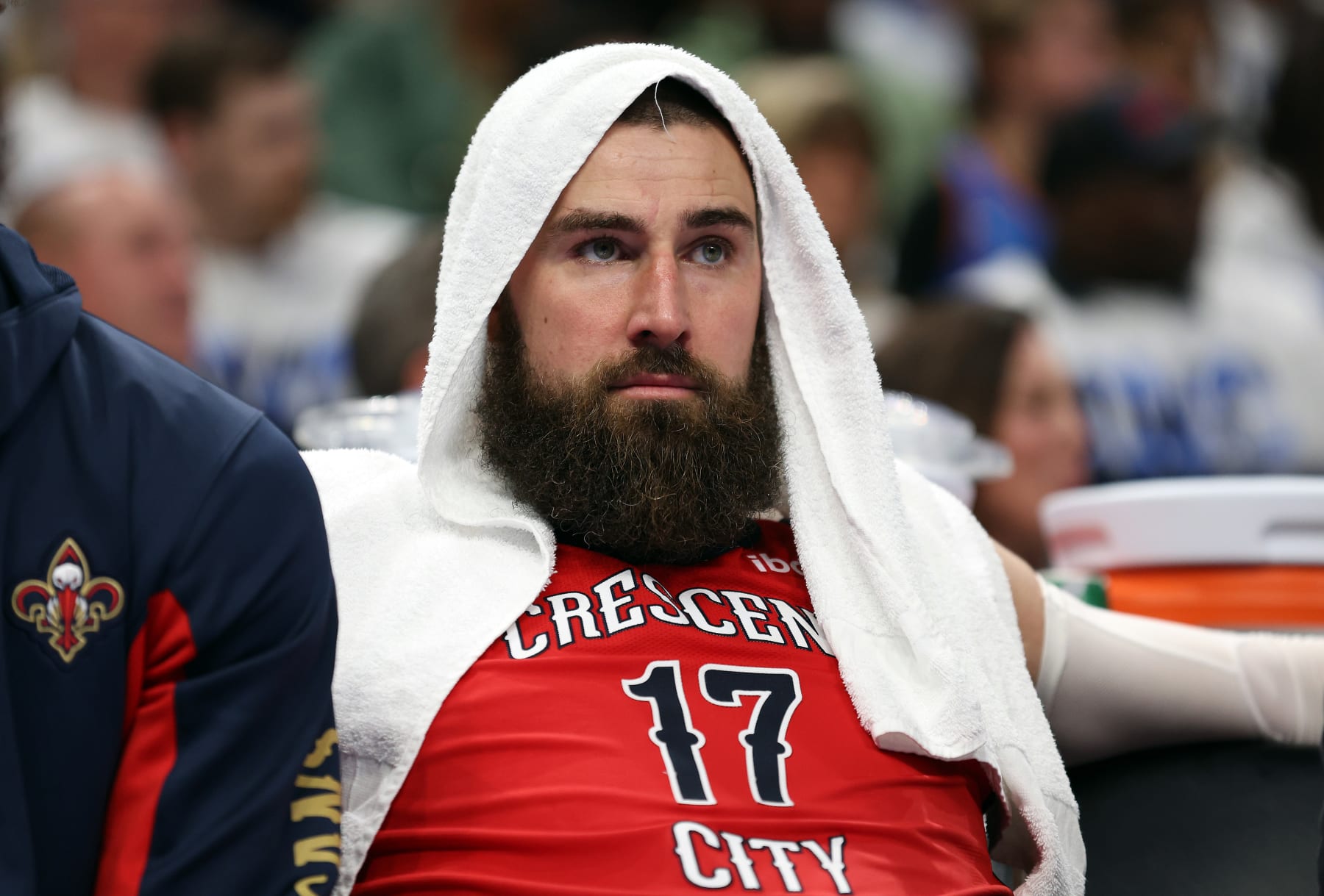 OKLAHOMA CITY, OKLAHOMA - APRIL 24: Jonas Valanciunas #17 of the New Orleans Pelicans sits on the bench during game two of the first round of the NBA playoffs against the Oklahoma City Thunder at Paycom Center on April 24, 2024 in Oklahoma City, Oklahoma. (Photo by Jamie Squire/Getty Images)