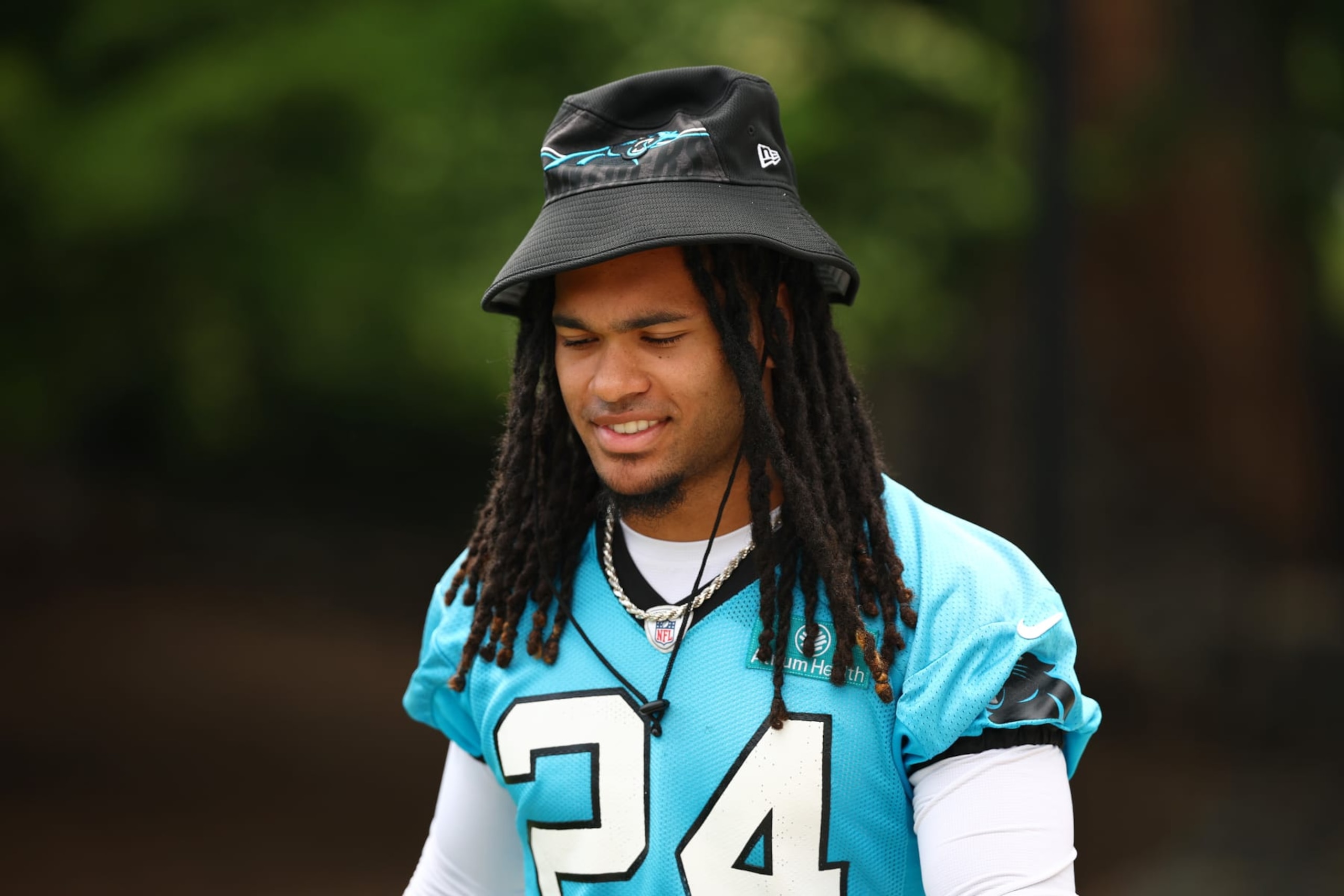 CHARLOTTE, NORTH CAROLINA - JUNE 04: Jonathon Brooks #24 of the Carolina Panthers attends Carolina Panthers OTA Offseason Workout on June 04, 2024 in Charlotte, North Carolina. (Photo by Jared C. Tilton/Getty Images)