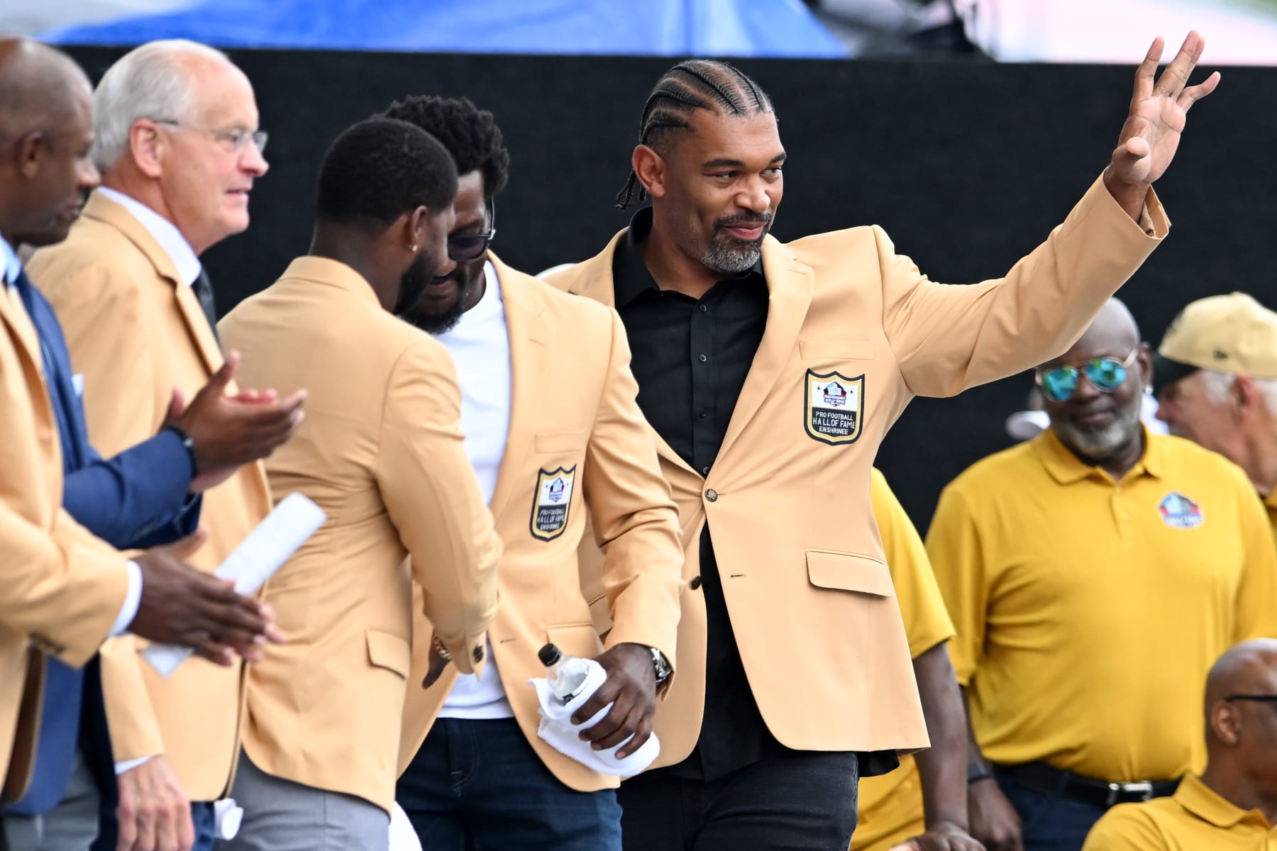 CANTON, OHIO - AUGUST 03: Julius Peppers is introduced during the 2024 Pro Football Hall of Fame Enshrinement Ceremony at Tom Benson Hall Of Fame Stadium on August 03, 2024 in Canton, Ohio. (Photo by Nick Cammett/Getty Images)