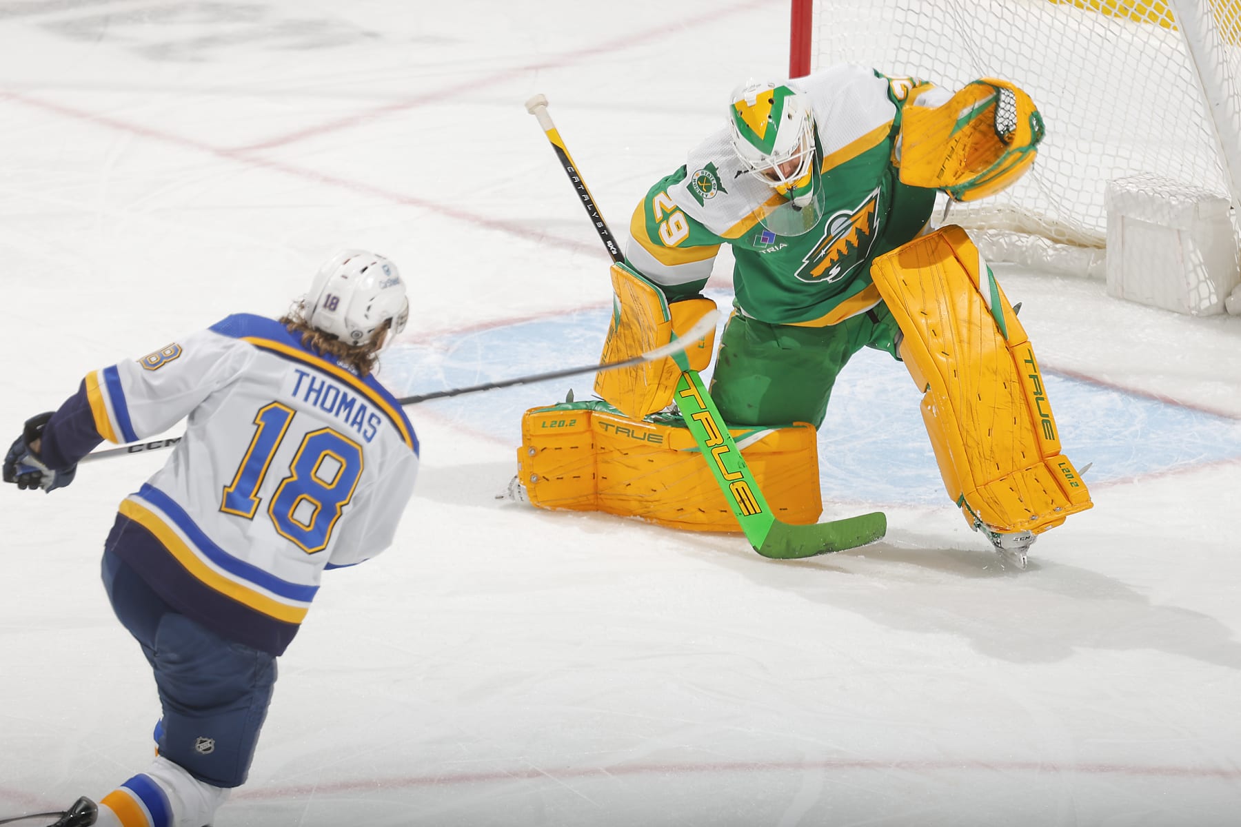 SAINT PAUL, MN - MARCH 23: Marc-Andre Fleury #29 of the Minnesota Wild makes a save against Robert Thomas #18 of the St. Louis Blues during the game at the Xcel Energy Center on March 23, 2024 in Saint Paul, Minnesota. (Photo by Bruce Kluckhohn/NHLI via Getty Images)