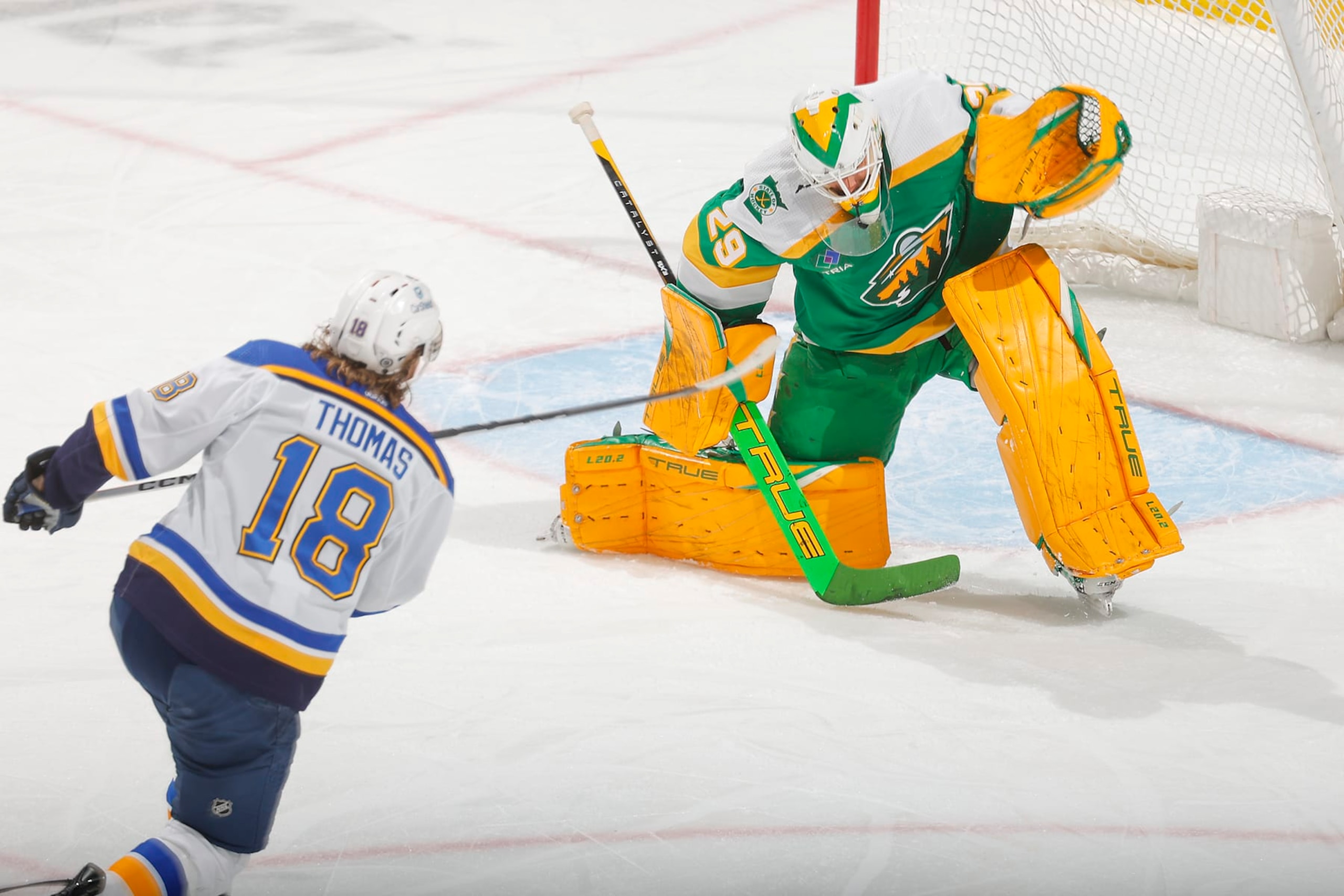SAINT PAUL, MN - MARCH 23: Marc-Andre Fleury #29 of the Minnesota Wild makes a save against Robert Thomas #18 of the St. Louis Blues during the game at the Xcel Energy Center on March 23, 2024 in Saint Paul, Minnesota. (Photo by Bruce Kluckhohn/NHLI via Getty Images)