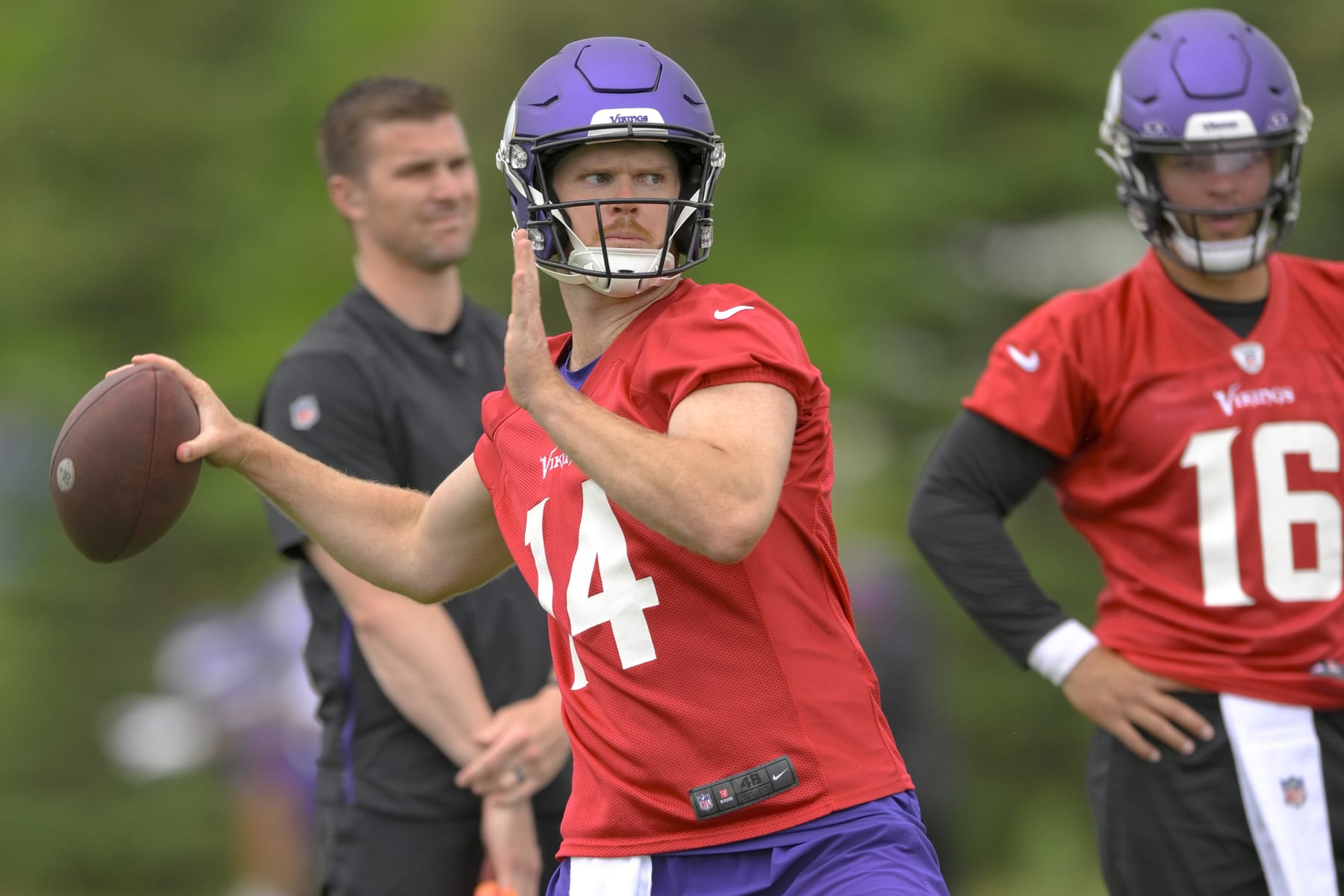 EAGAN, MN - JUNE 05: Minnesota Vikings quarterback Sam Darnold (14) makes throw during Minnesota Vikings Minicamp on June 5, 2024, at TCO Performance Center in Eagan, MN.(Photo by Nick Wosika/Icon Sportswire via Getty Images)