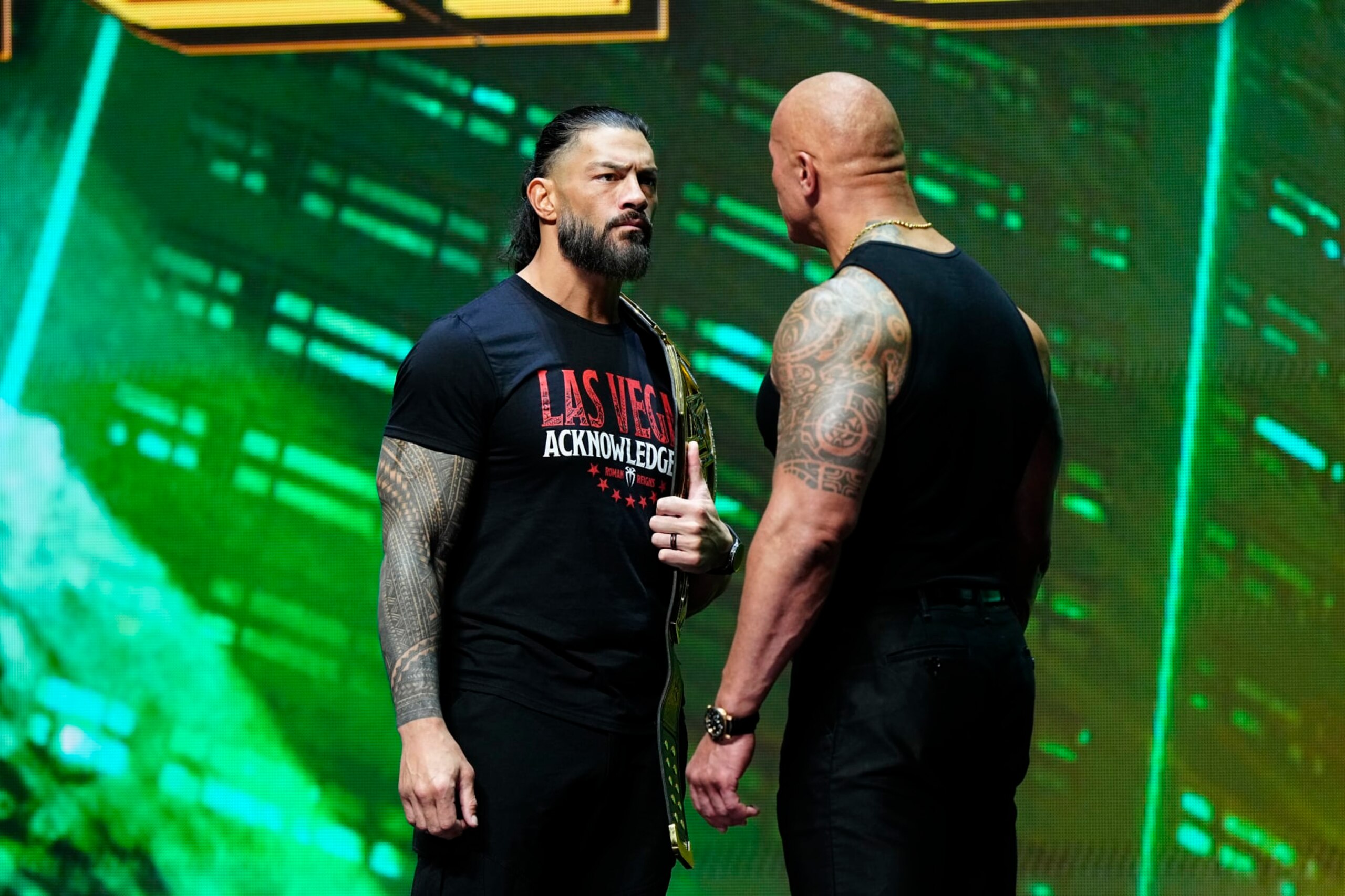 LAS VEGAS, NV - FEBRUARY 08:  Dwayne "The Rock" Johnson and Roman Reigns during the WWE Wrestlemania XL Kickoff on February 08, 2024, at T-Mobile Arena in Las Vegas, NV. (Photo by Louis Grasse/PXimages/Icon Sportswire via Getty Images)