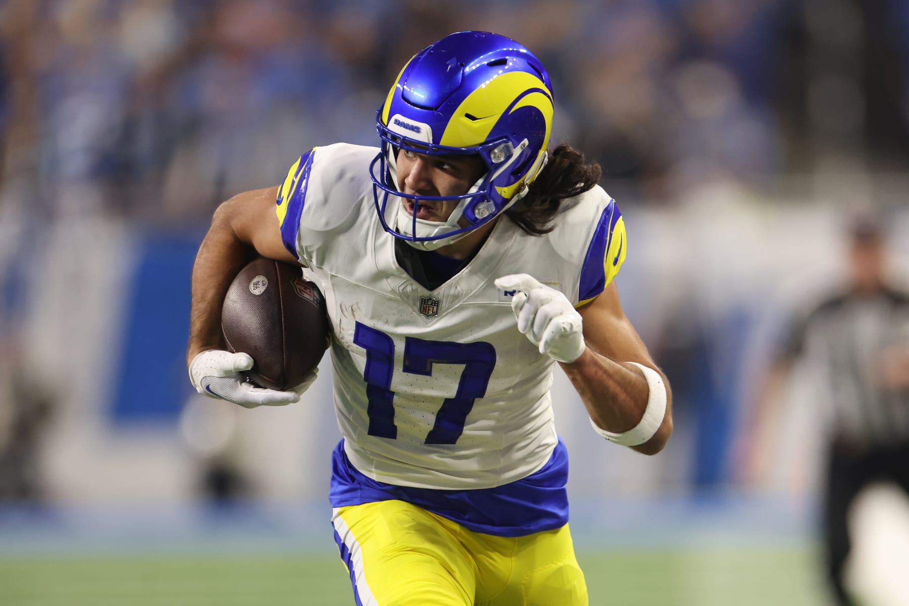 DETROIT, MICHIGAN - JANUARY 14: Puka Nacua #17 of the Los Angeles Rams plays against Detroit Lions during a NFC Wild Card Playoff game at Ford Field on January 14, 2024 in Detroit, Michigan. (Photo by Gregory Shamus/Getty Images)