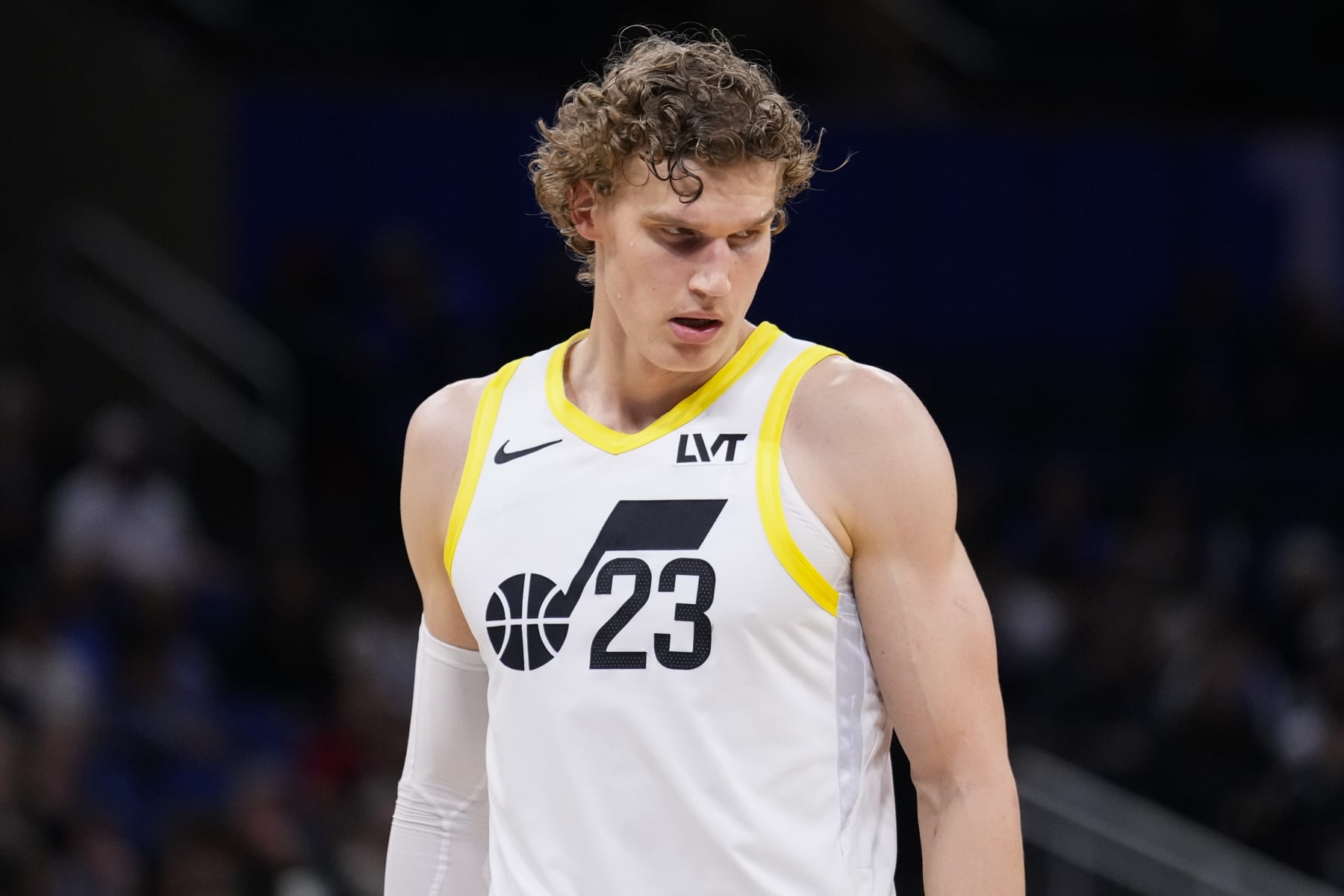 ORLANDO, FLORIDA - FEBRUARY 29: Lauri Markkanen #23 of the Utah Jazz looks on against the Orlando Magic during the first quarter at Kia Center on February 29, 2024 in Orlando, Florida. NOTE TO USER: User expressly acknowledges and agrees that, by downloading and or using this photograph, user is consenting to the terms and conditions of the Getty Images License Agreement. (Photo by Rich Storry/Getty Images)