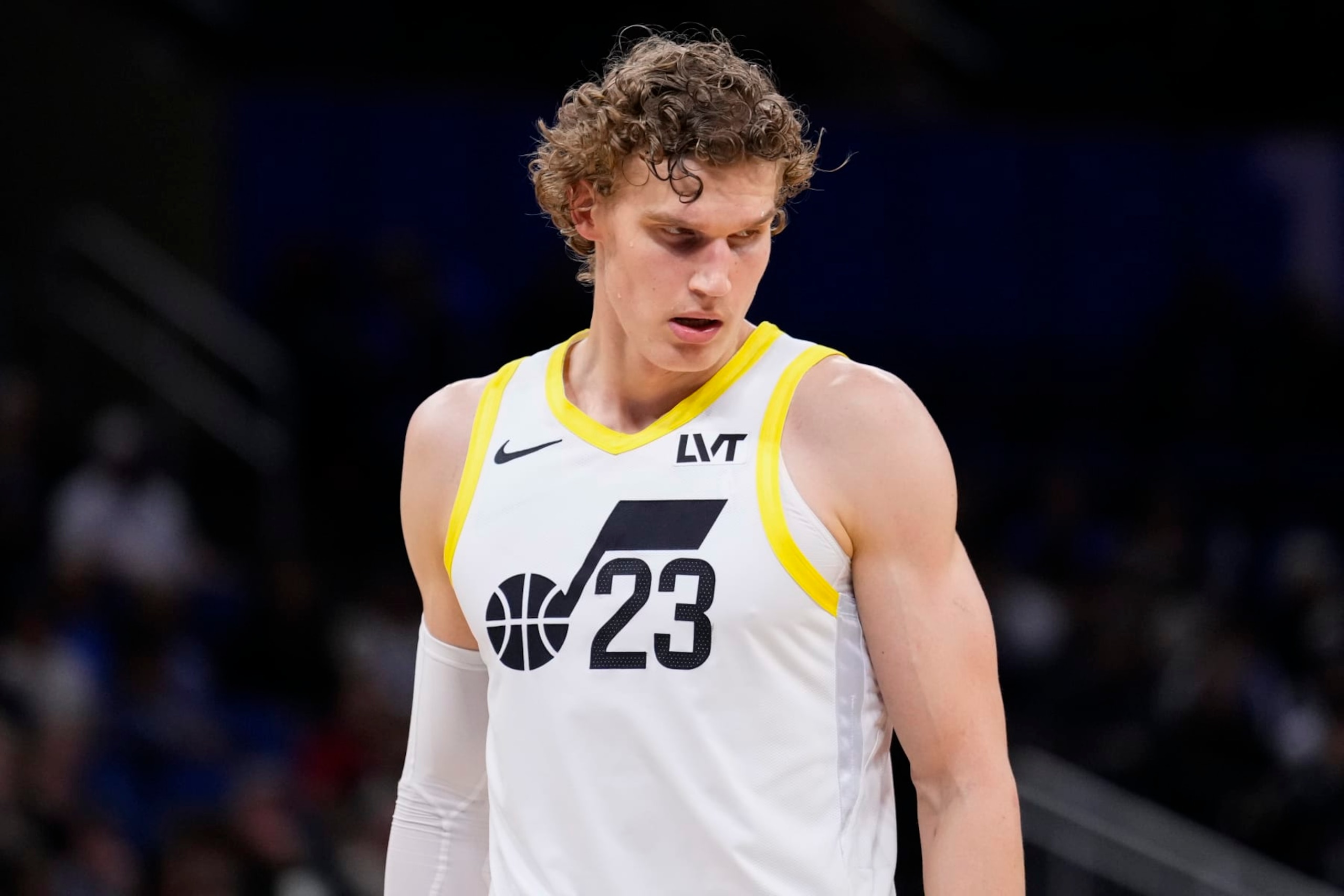 ORLANDO, FLORIDA - FEBRUARY 29: Lauri Markkanen #23 of the Utah Jazz looks on against the Orlando Magic during the first quarter at Kia Center on February 29, 2024 in Orlando, Florida. NOTE TO USER: User expressly acknowledges and agrees that, by downloading and or using this photograph, user is consenting to the terms and conditions of the Getty Images License Agreement. (Photo by Rich Storry/Getty Images)