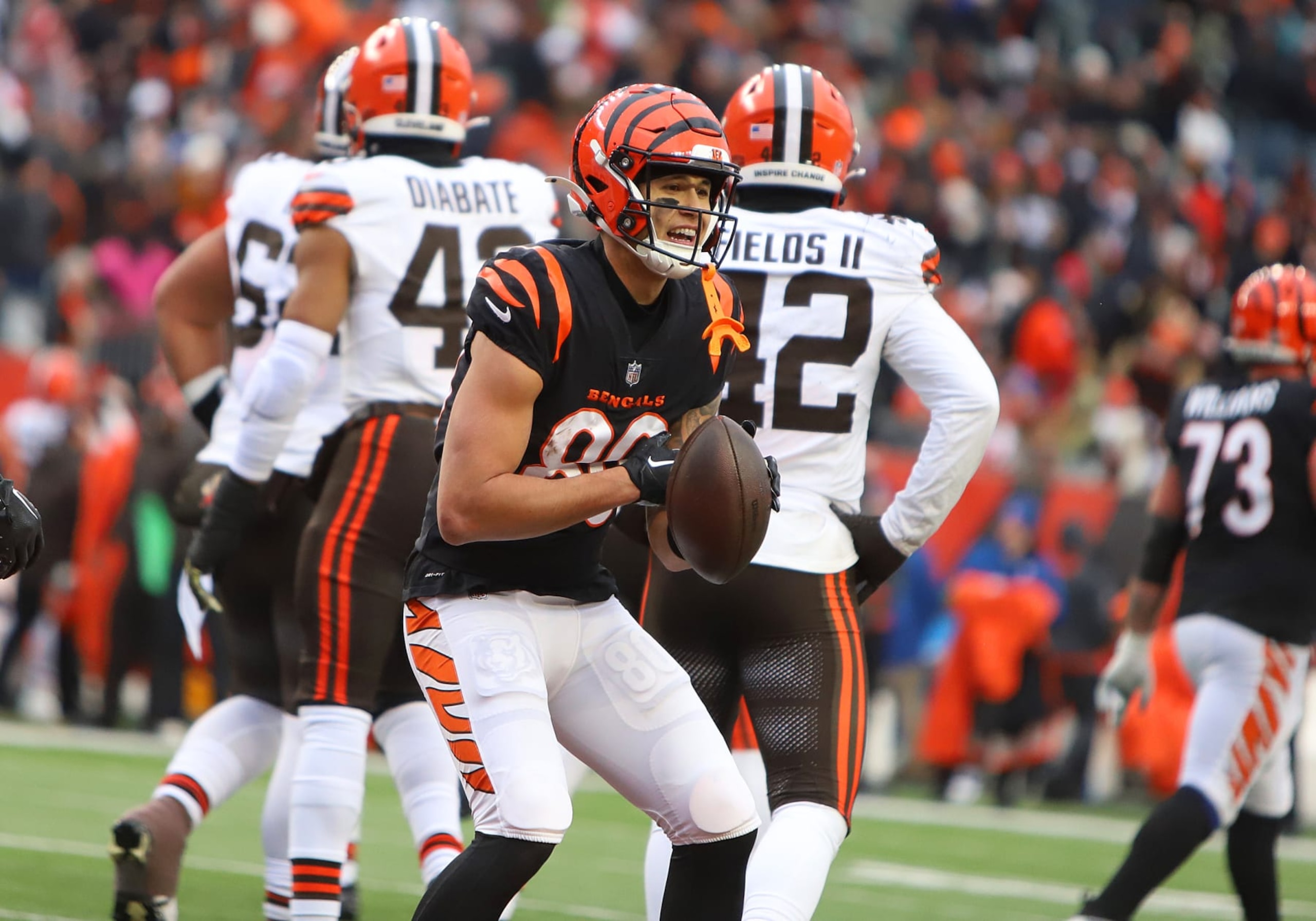 CINCINNATI, OH - JANUARY 07: Cincinnati Bengals wide receiver Andrei Iosivas (80) celebrates a touchdown in a game between the Cleveland Browns and the Cincinnati Bengals at Paycor Stadium on Sunday, January. 7, 2024. (Photo by Jeff Moreland/Icon Sportswire via Getty Images) CINCINNATI, OH - JANUARY 07: Cincinnati Bengals wide receiver Andrei Iosivas (80) celebrates a touchdown in a game between the Cleveland Browns and the Cincinnati Bengals at Paycor Stadium on Sunday, January. 7, 2024. (Photo by Jeff Moreland/Icon Sportswire via Getty Images)