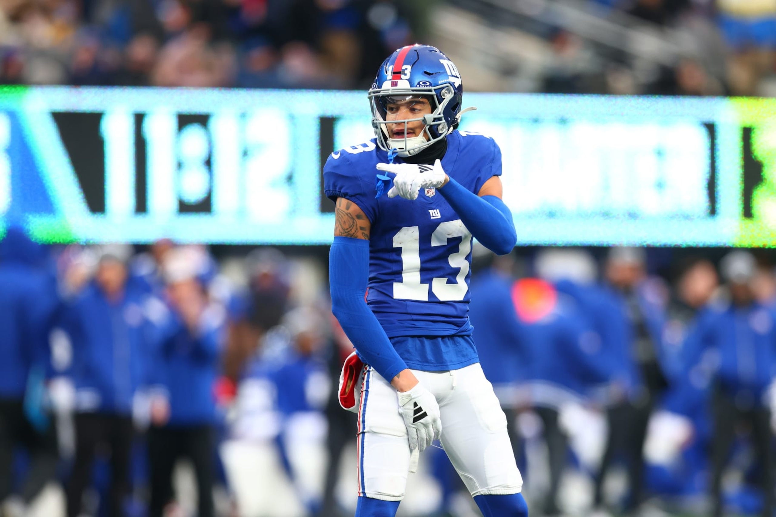 EAST RUTHERFORD, NEW JERSEY - DECEMBER 31: Jalin Hyatt #13 of the New York Giants in action against the Los Angeles Rams at MetLife Stadium on December 31, 2023 in East Rutherford, New Jersey. Los Angeles Rams defeated the New York Giants 26-25. (Photo by Mike Stobe/Getty Images) EAST RUTHERFORD, NEW JERSEY - DECEMBER 31: Jalin Hyatt #13 of the New York Giants in action against the Los Angeles Rams at MetLife Stadium on December 31, 2023 in East Rutherford, New Jersey. Los Angeles Rams defeated the New York Giants 26-25. (Photo by Mike Stobe/Getty Images)