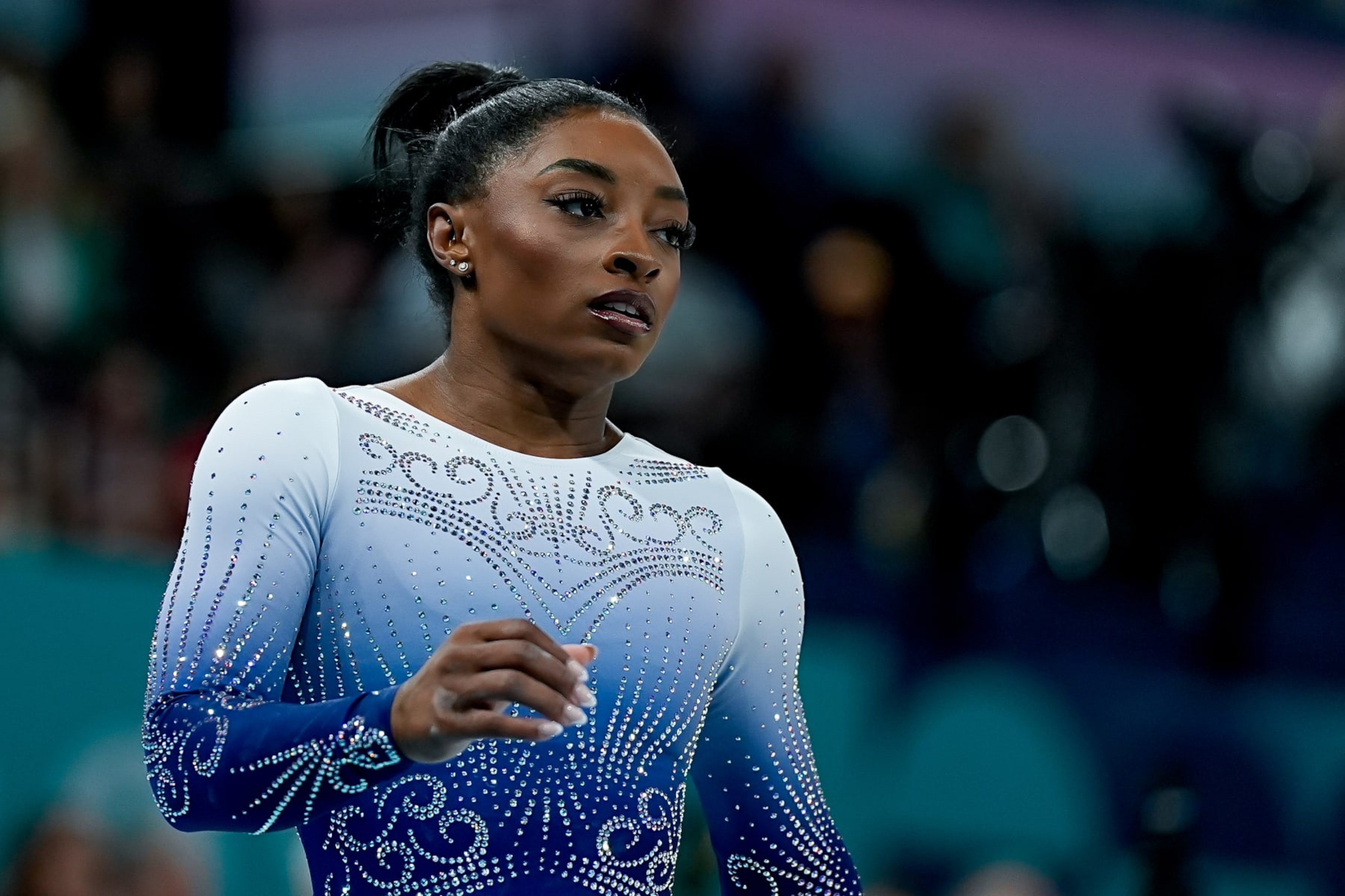 PARIS, FRANCE - AUGUST 5: Simone Biles of United States looks dejected and disappointed after her performance during the Women's Balance Beam Final on day ten of the Olympic Games Paris 2024 at Bercy Arena on August 5, 2024 in Paris, France. (Photo by Daniela Porcelli/Eurasia Sport Images/Getty Images)