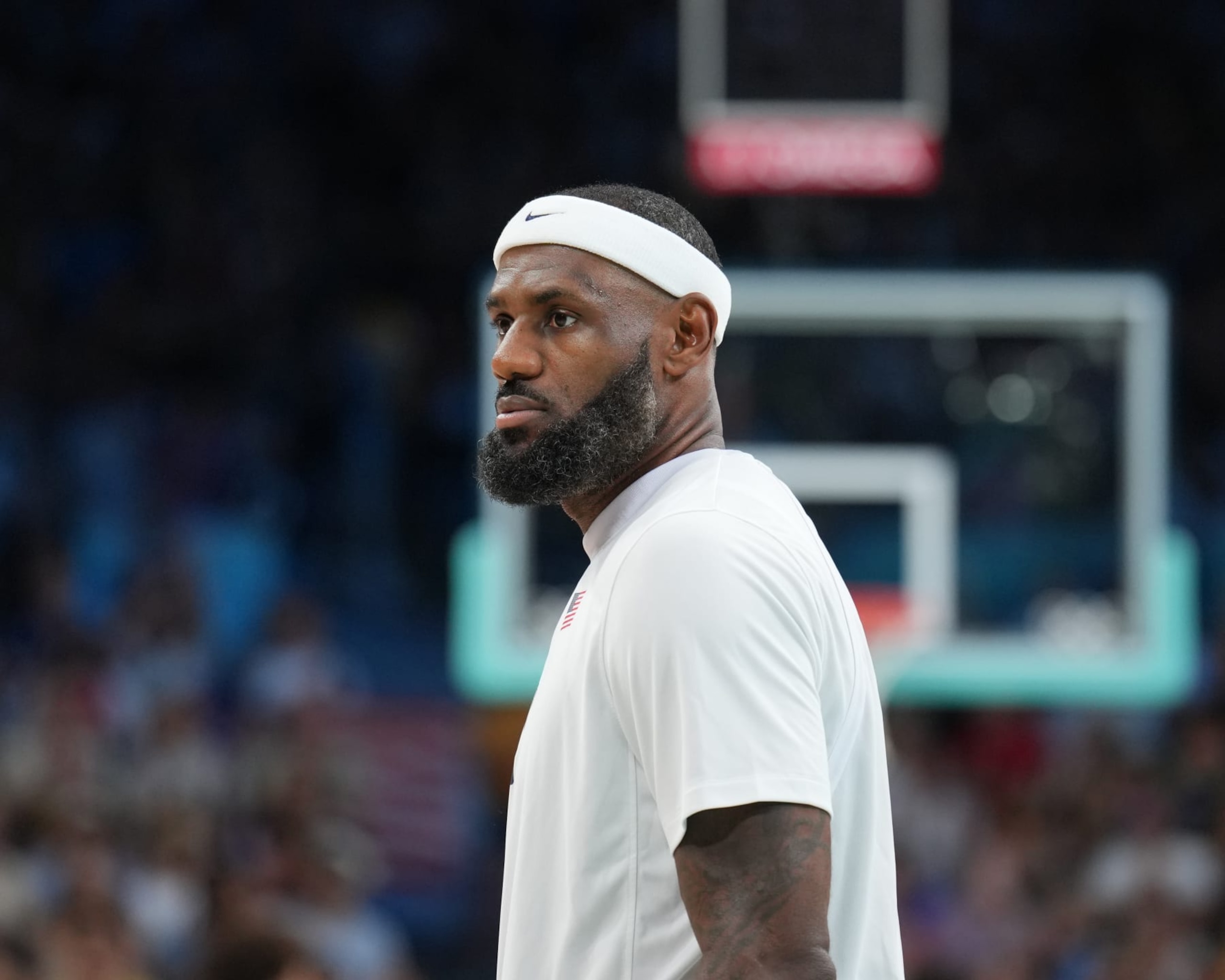 LILLE, FRANCE - AUGUST 3:   LeBron James #6 of the USA Men's National Team looks on during the game at the  Stade Pierre Mauroy on August 3, 2024 in Lille, France. NOTE TO USER: User expressly acknowledges and agrees that, by downloading and/or using this photograph, user is consenting to the terms and conditions of the Getty Images License Agreement. Mandatory Copyright Notice: Copyright 2024 NBAE (Photo by Jesse D. Garrabrant/NBAE via Getty Images)