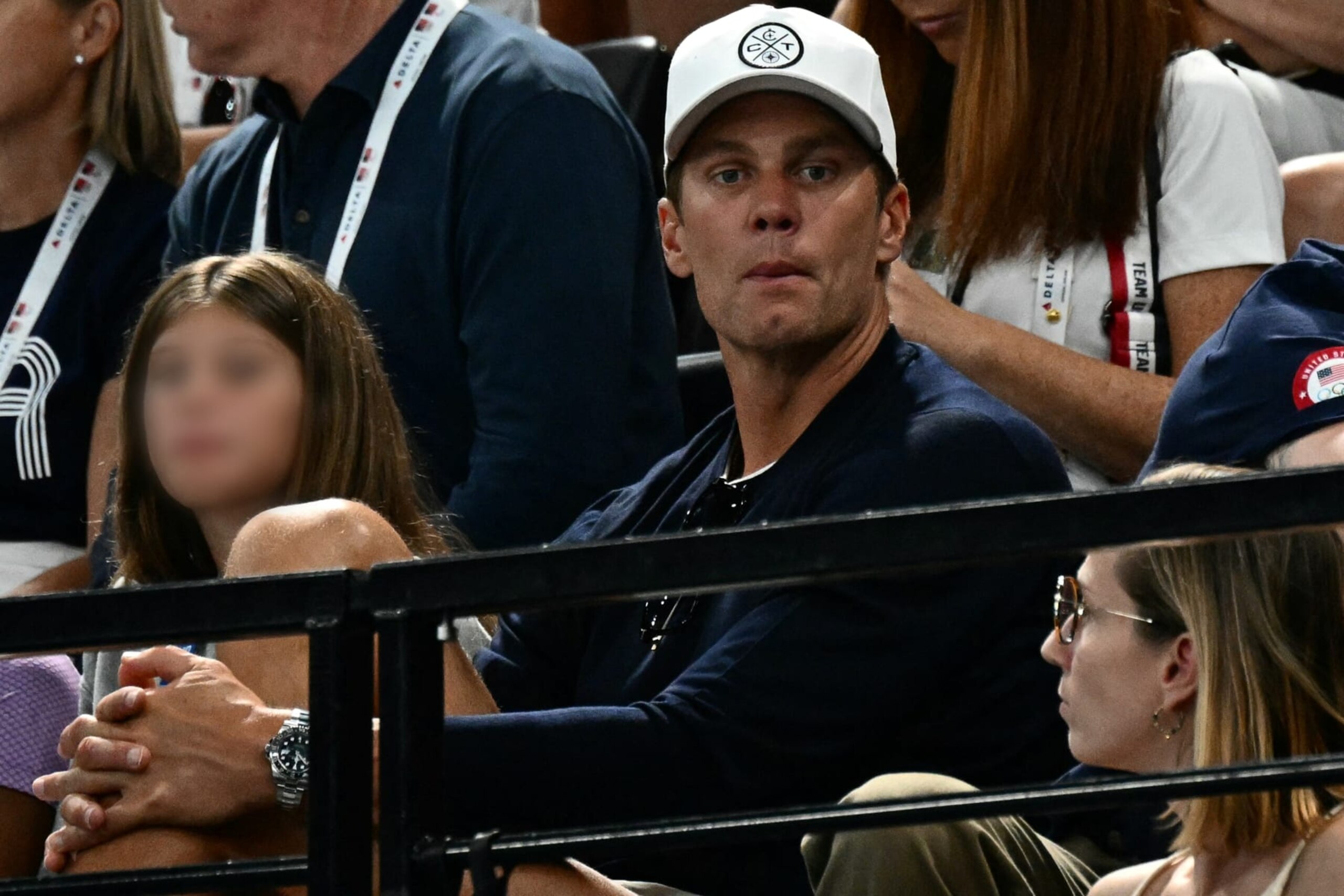 US former football quarterback Tom Brady attends the artistic gymnastics men's horizontal bar final during the Paris 2024 Olympic Games at the Bercy Arena in Paris, on August 5, 2024. (Photo by Loic VENANCE / AFP) (Photo by LOIC VENANCE/AFP via Getty Images)