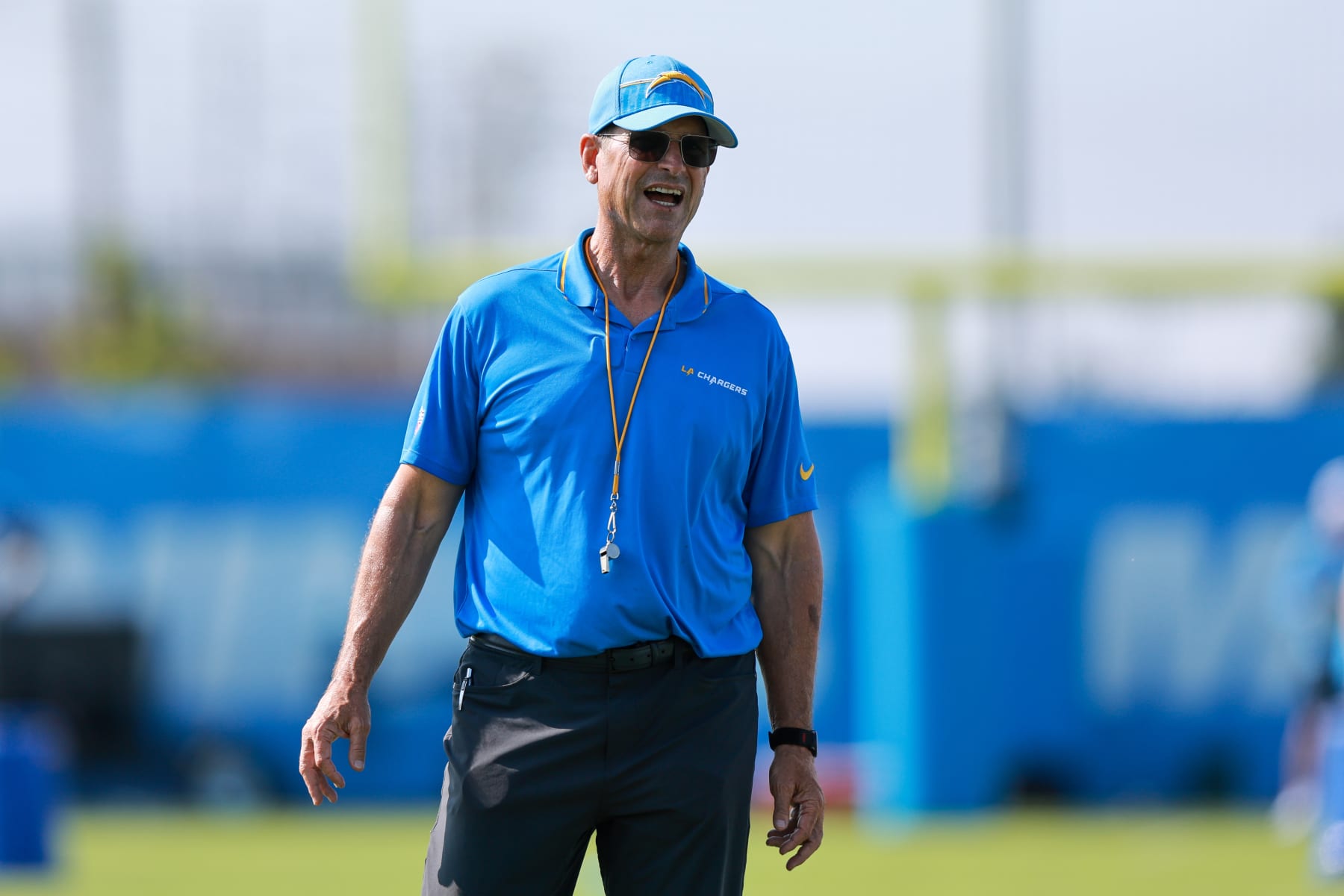 EL SEGUNDO, CA - JULY 24: Los Angeles Chargers Head Coach Jim Harbaugh during the Los Angeles Chargers Training Camp on July 24, 2024, at The Bolt in El Segundo, CA. (Photo by Jordon Kelly/Icon Sportswire via Getty Images)