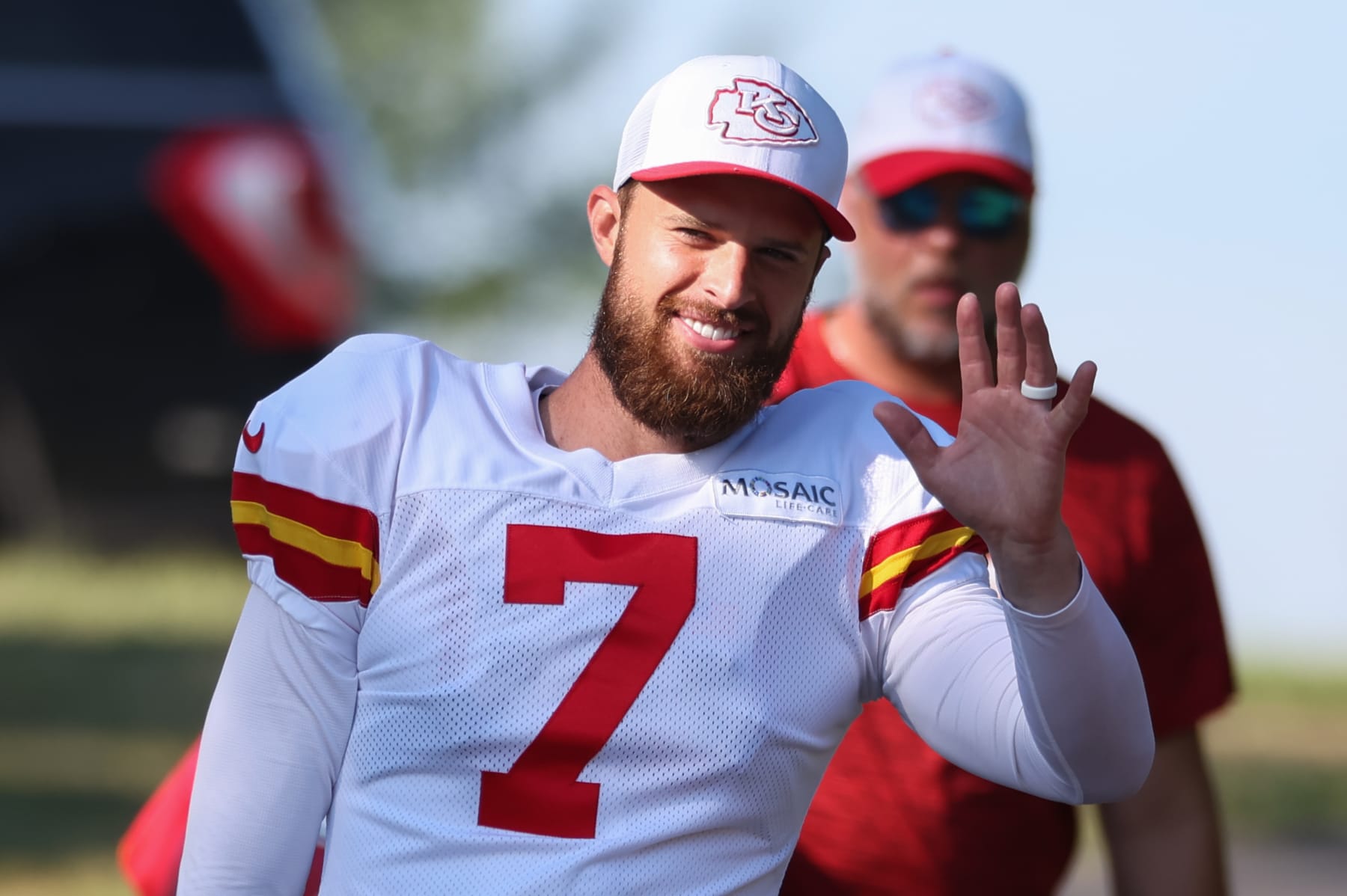 ST. JOSEPH, MO - AUGUST 02: Kansas City Chiefs kicker Harrison Butker (7) smiles during training camp on August 2, 2024 at Missouri Western State University in St. Joseph, MO. (Photo by Scott Winters/Icon Sportswire via Getty Images)