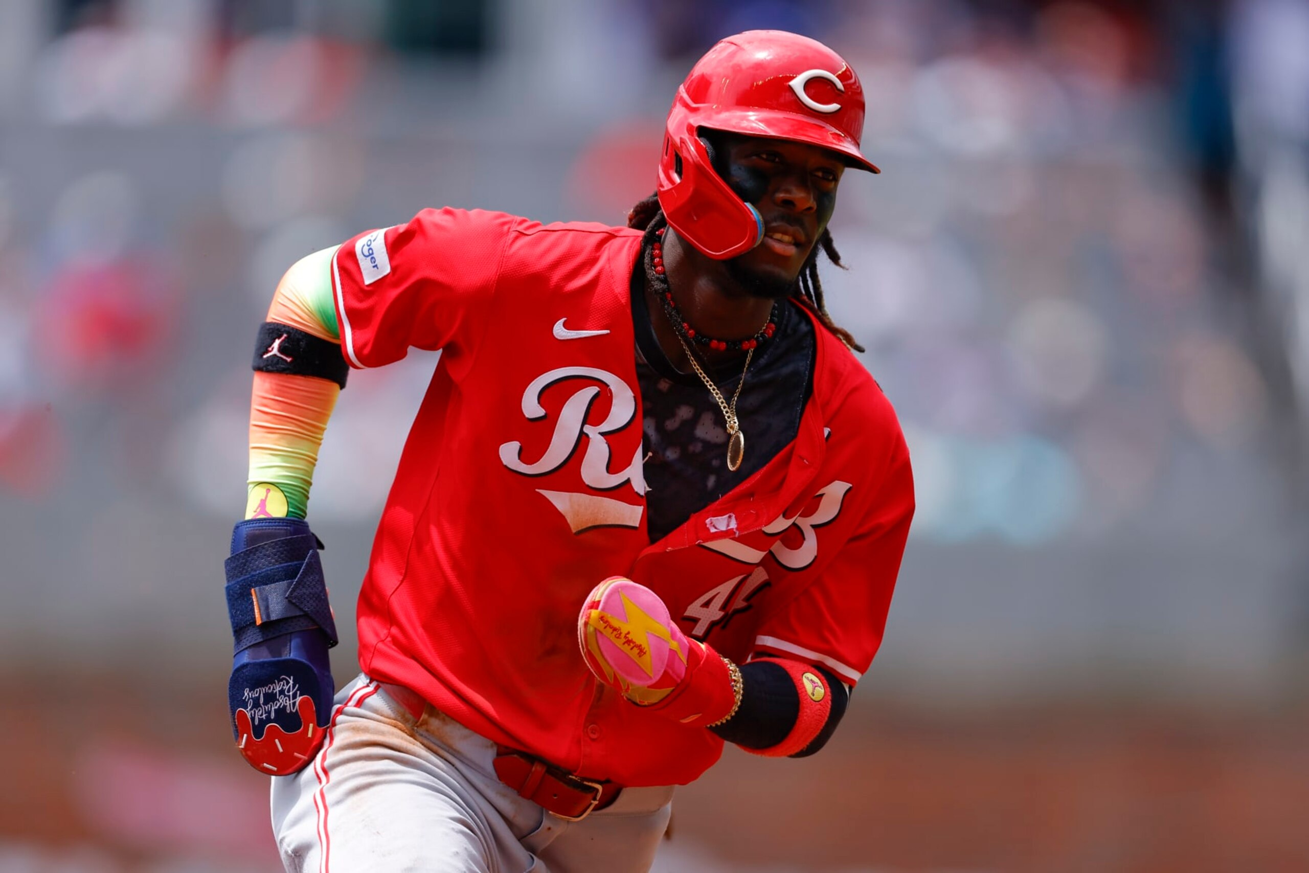 ATLANTA, GEORGIA - JULY 24: Elly De La Cruz #44 of the Cincinnati Reds rounds third on his way to score during the first inning against the Atlanta Braves in game one of a split double header at Truist Park on July 24, 2024 in Atlanta, Georgia. (Photo by Todd Kirkland/Getty Images)