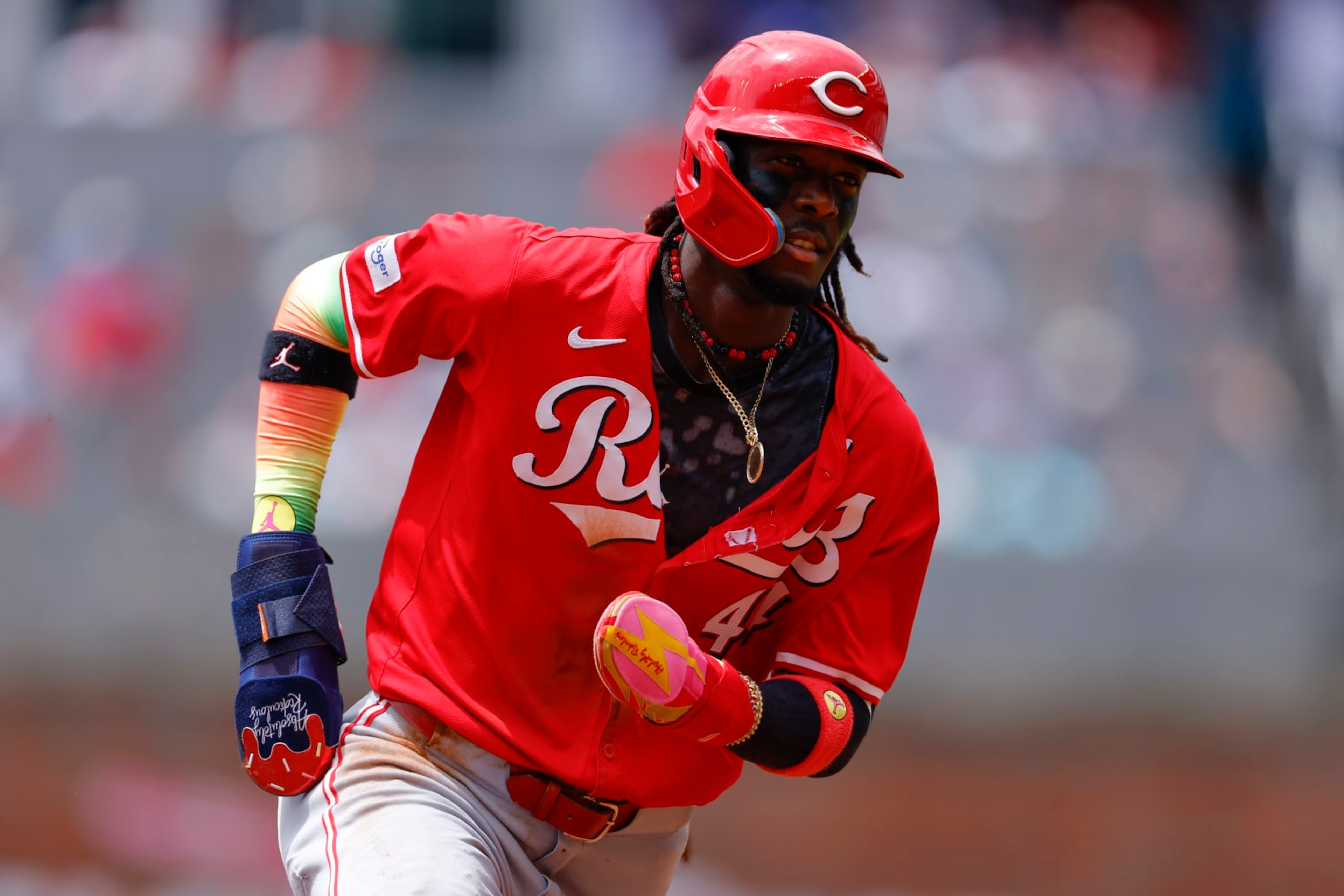 ATLANTA, GEORGIA - JULY 24: Elly De La Cruz #44 of the Cincinnati Reds rounds third on his way to score during the first inning against the Atlanta Braves in game one of a split double header at Truist Park on July 24, 2024 in Atlanta, Georgia. (Photo by Todd Kirkland/Getty Images)