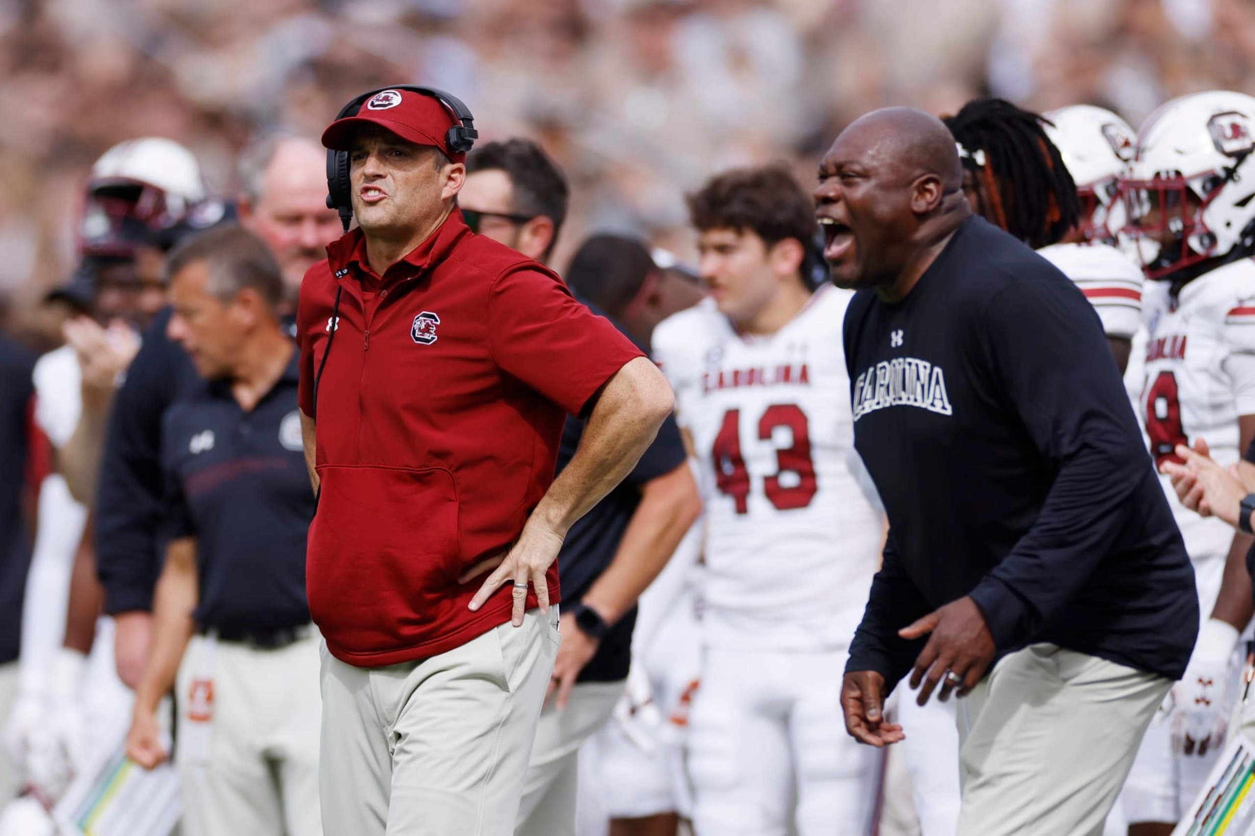 COLLEGE STATION, TX - OCTOBER 28: South Carolina Gamecocks head coach Shane Beamer looks on during a college football game against the Texas A&M Aggies on October 28, 2023 at Kyle Field in College Station, Texas. (Photo by Joe Robbins/Icon Sportswire via Getty Images)