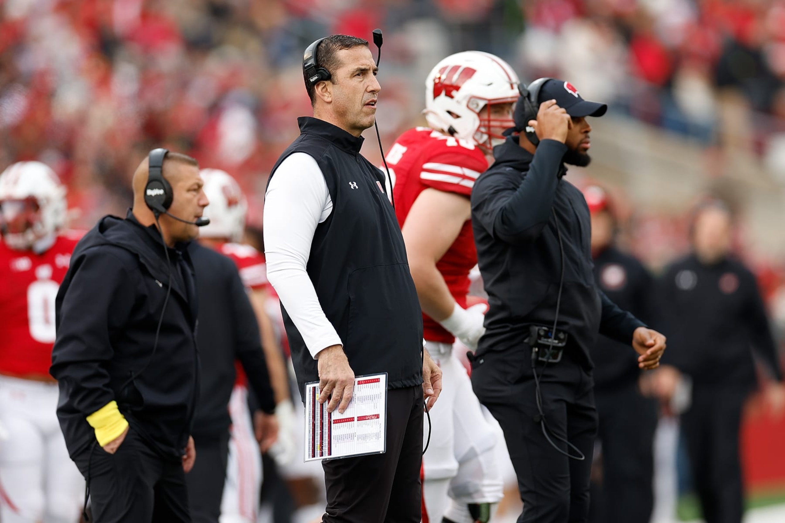 MADISON, WISCONSIN - NOVEMBER 11: Head coach Luke Fickell of the Wisconsin Badgers looks on during the first half against the Northwestern Wildcats at Camp Randall Stadium on November 11, 2023 in Madison, Wisconsin. (Photo by John Fisher/Getty Images)