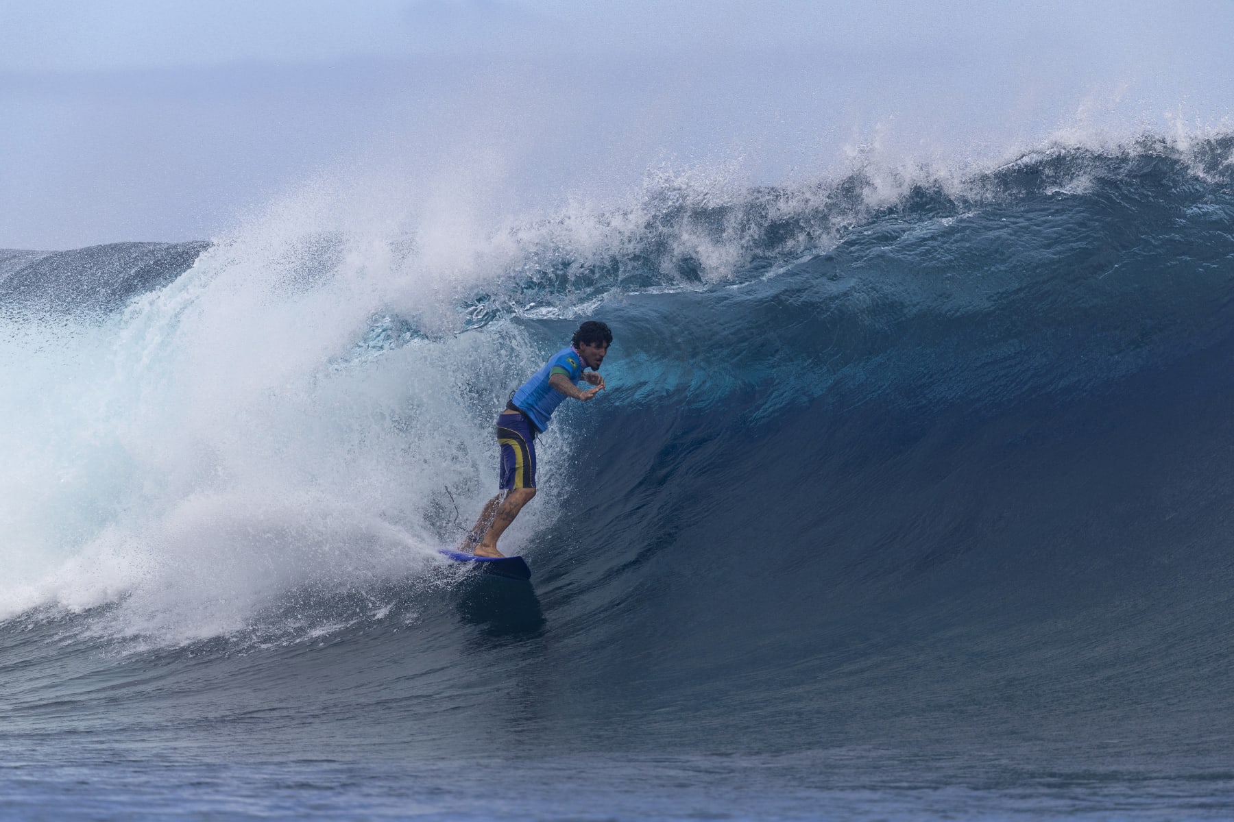 TEAHUPO'O, FRENCH POLYNESIA - AUGUST 05: Gabriel Medina of Team Brazil rides a wave during the men's bronze medal match of surfing on day nine of the Olympic Games Paris 2024 on August 05, 2024 in Teahupo'o, French Polynesia. (Photo by Sean M. Haffey/Getty Images)