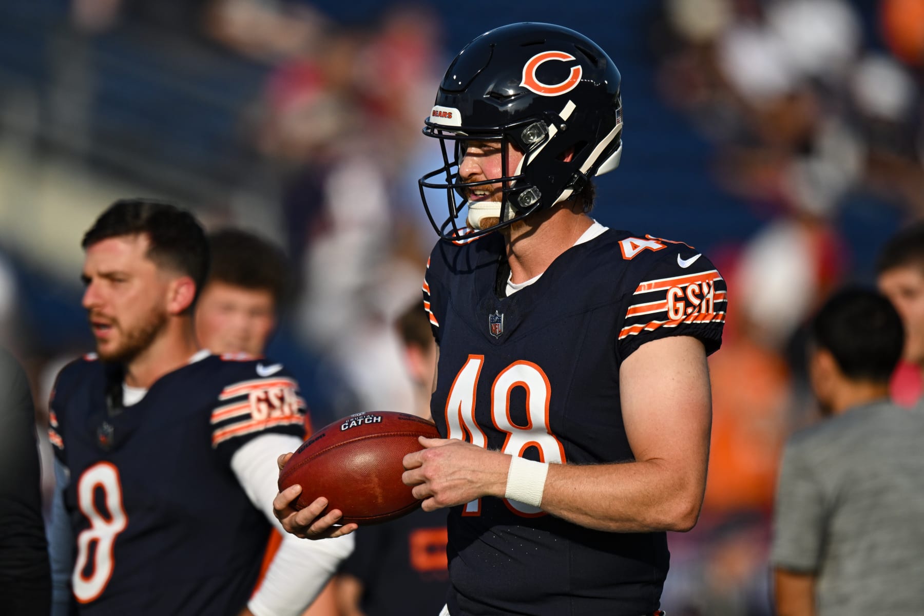 CANTON, OH - AUGUST 01: Chicago Bears LS Patrick Scales (48) during warmups for a National Football League preseason game between the Chicago Bears and Houston Texans on August 1, 2024 at Tom Benson Hall of Fame Stadium in Canton, OH. (Photo by James Black/Icon Sportswire via Getty Images)