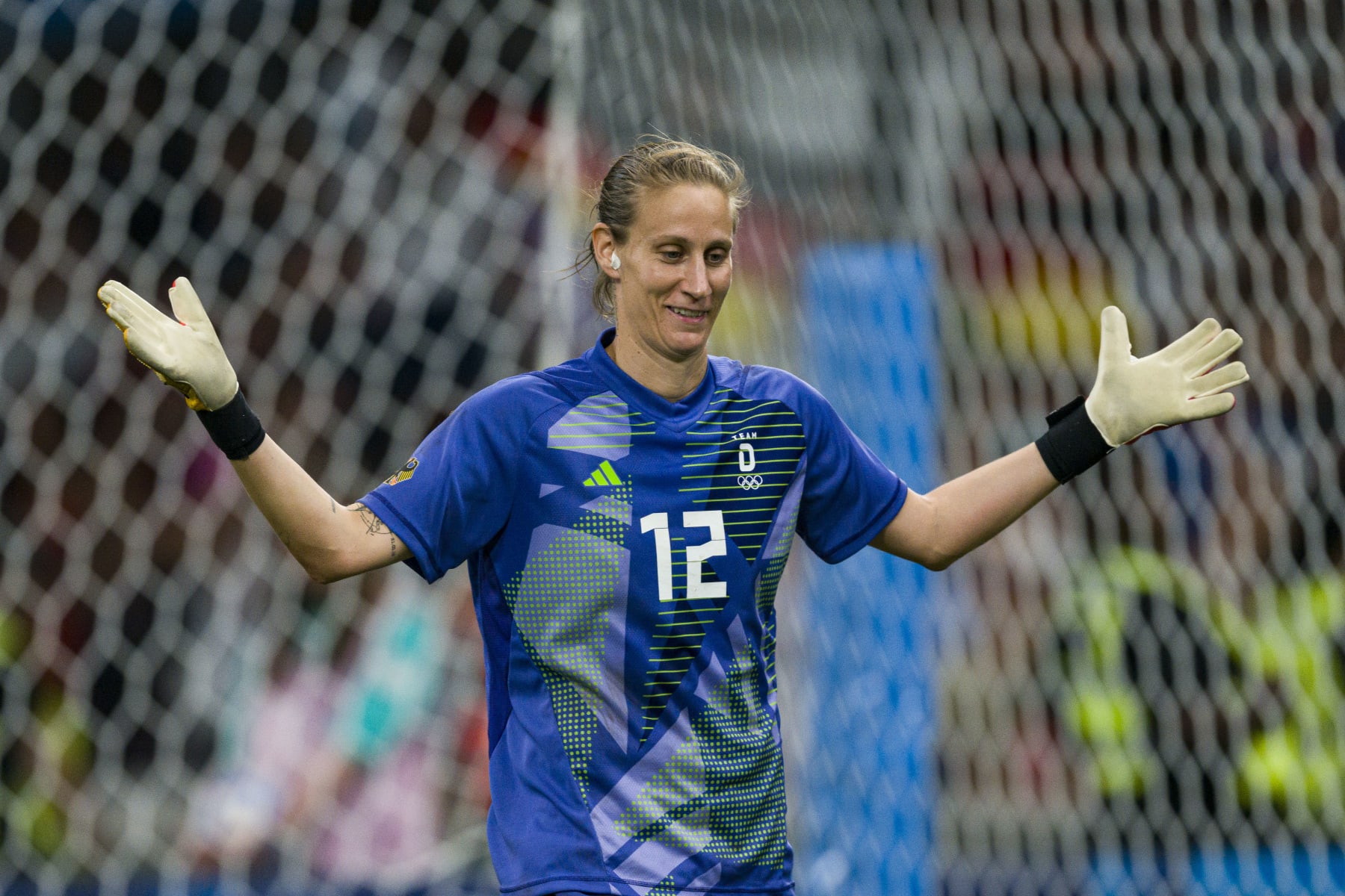 MARSEILLE, FRANCE - AUGUST 3: Goalkeeper Ann-Katrin Berger of Team Germany celebrates after stopping a free kick from Team Canada during the Women's Quarterfinal match between Team Canada and Team Germany during the Olympic Games Paris 2024 at Stade de Marseille on August 3, 2024 in Marseille, France. (Photo by Marcio Machado/Eurasia Sport Images/Getty Images)