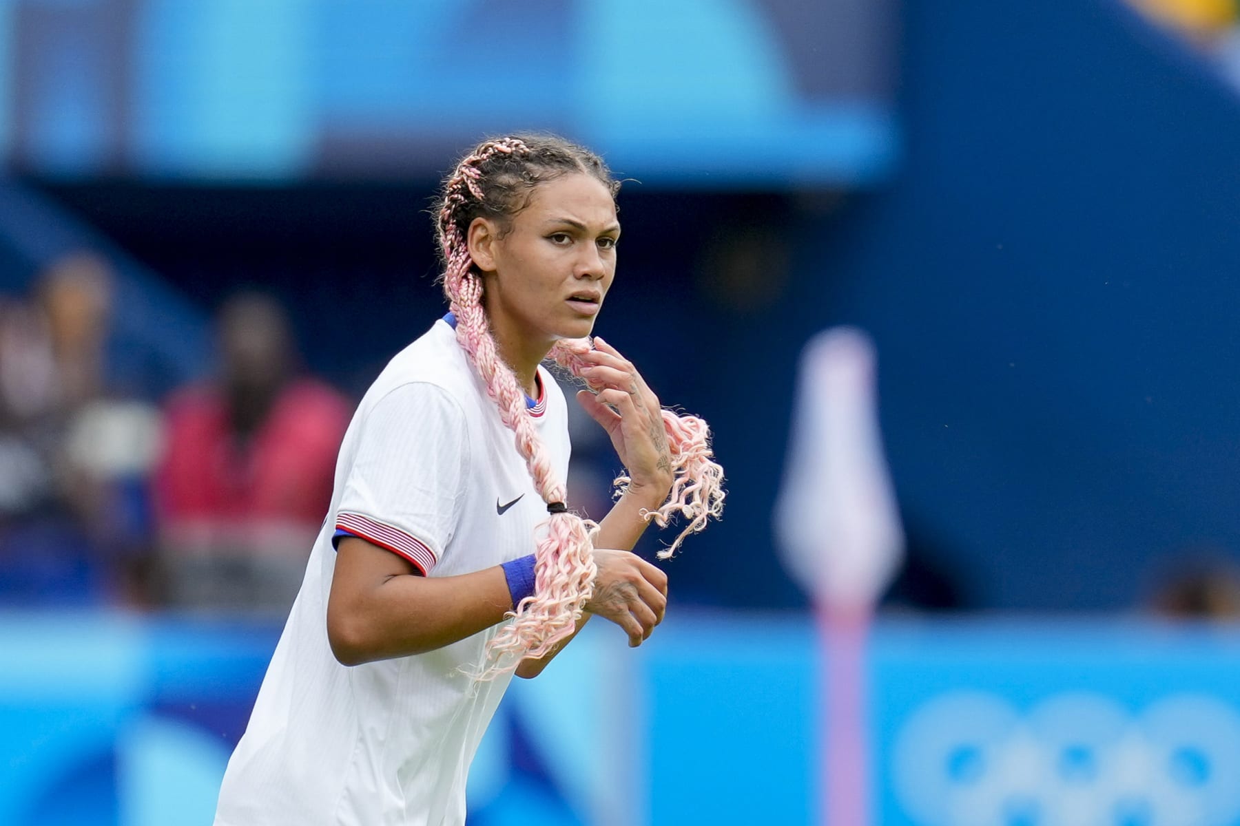 Trinity Rodman of USA looks on during the Women's Football Quarterfinal match between USA and Japan on Day 8 of the Olympic Games Paris 2024 at Parc des Princes on August 3, 2024 in Paris, France. (Photo by Alex Gottschalk/DeFodi Images via Getty Images)