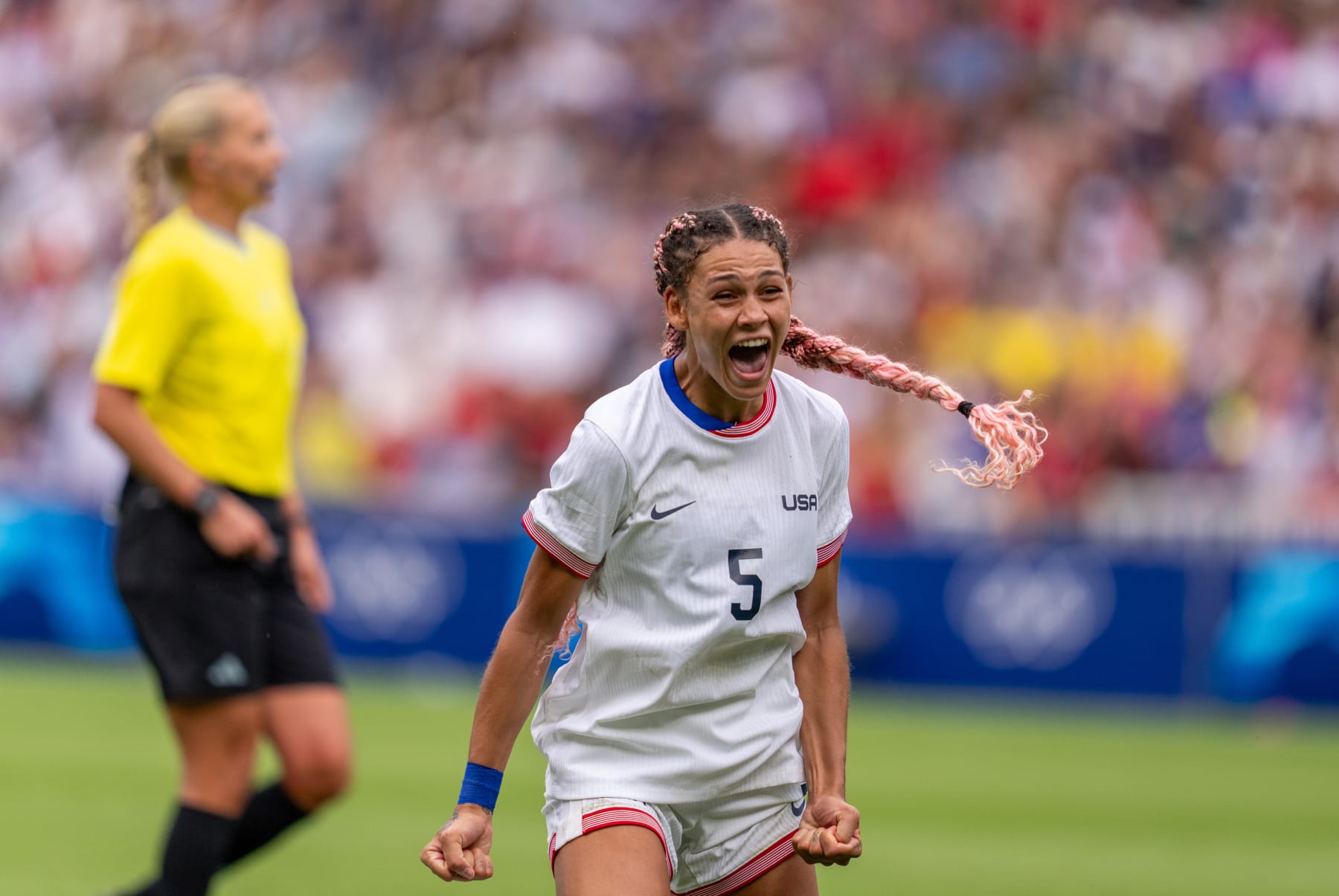 PARIS, FRANCE - AUGUST 3: Trinity Rodman #5 of the United States celebrates her goal during the Women's Quarterfinal match between Japan and the United States during the Olympic Games Paris 2024 at Parc des Princes on August 3, 2024 in Paris, France. (Photo by Brad Smith/ISI/Getty Images).