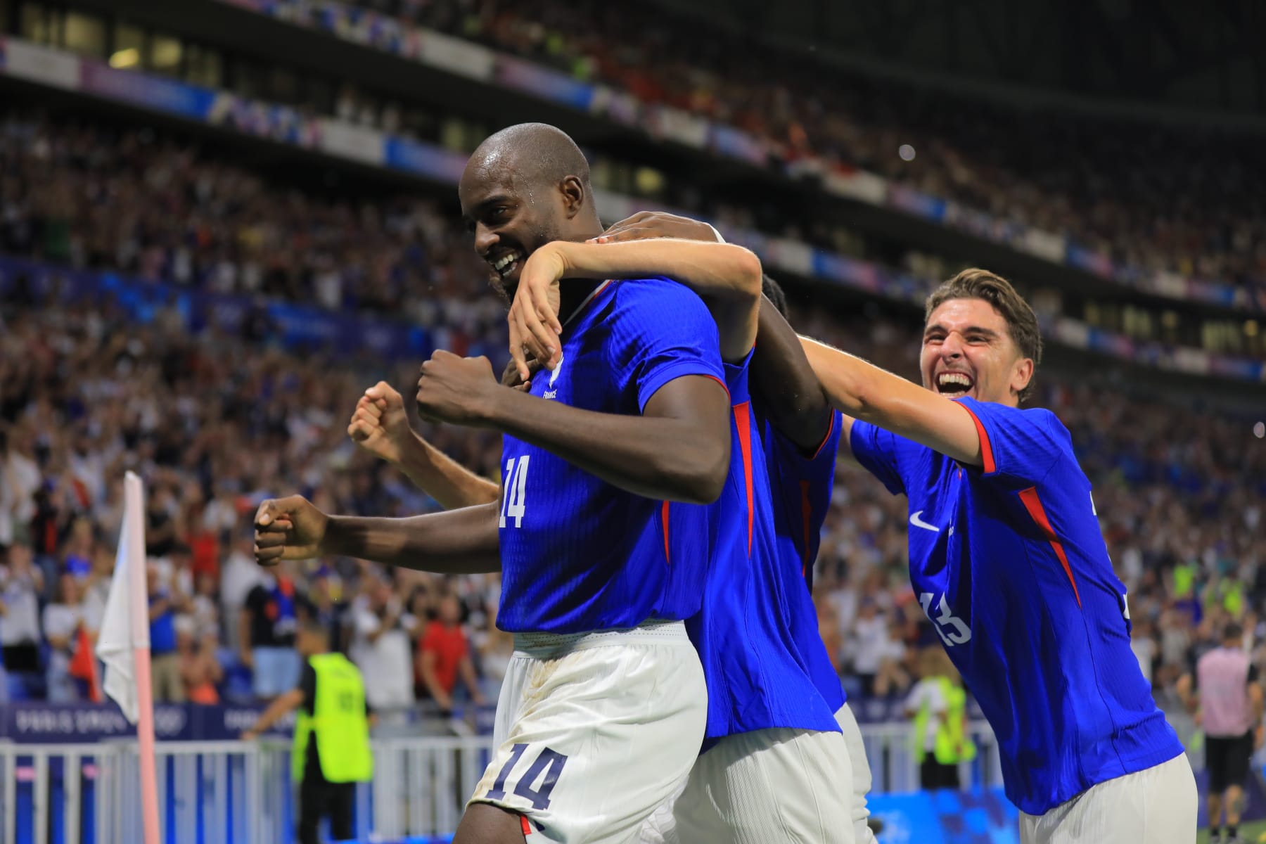 LYON, FRANCE - AUGUST 05: Jean-Philippe Mateta (14) of France celebrates with his teammates during the Olympic Games Paris 2024 football match between France and Egypt at Parc Olympique Lyonnais in Lyon, France on August 05, 2024. (Photo by Fareed Kotb/Anadolu via Getty Images)